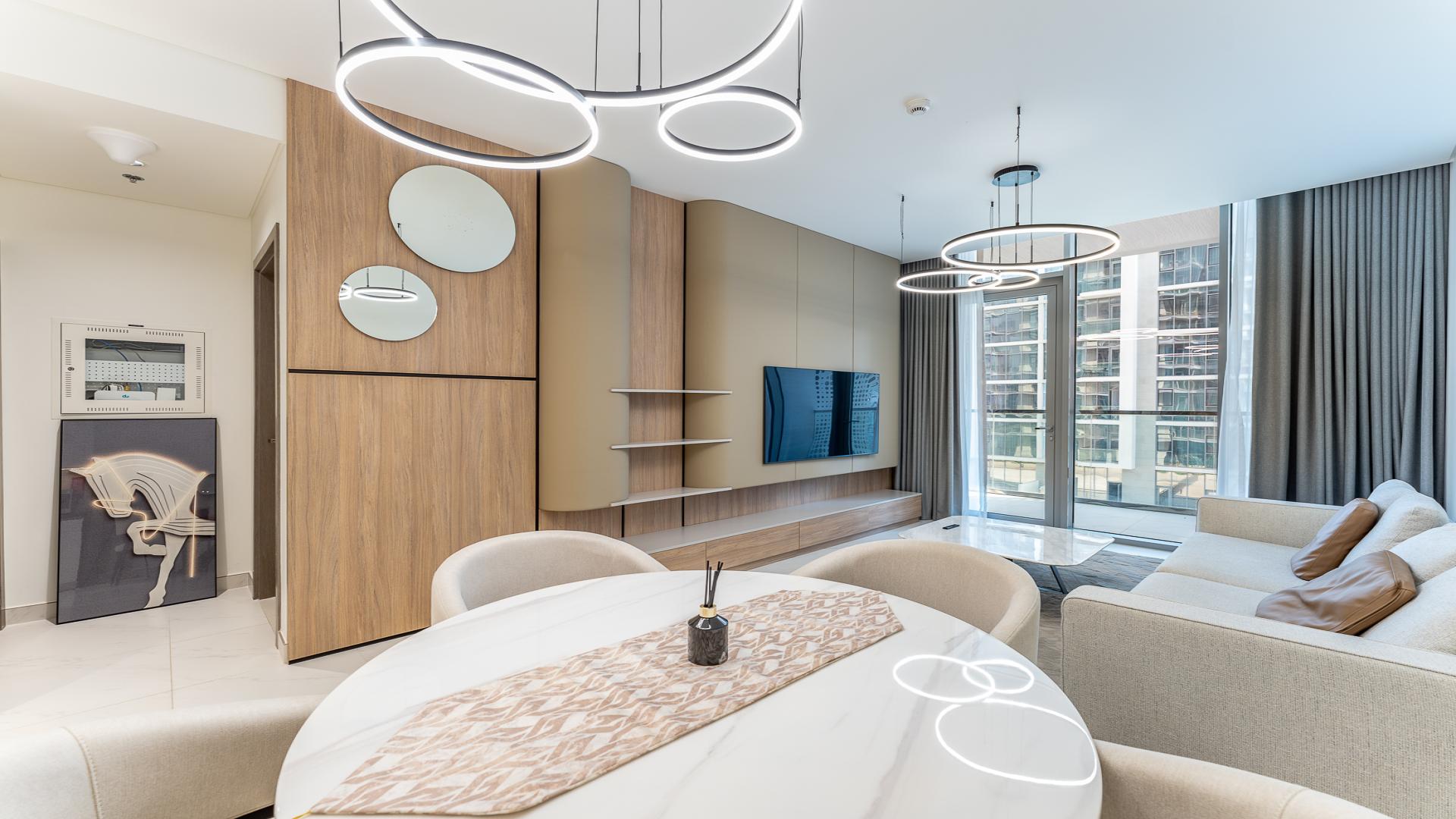 Furnished living room in District One apartment, Mohammad Bin Rashid City, with modern decor