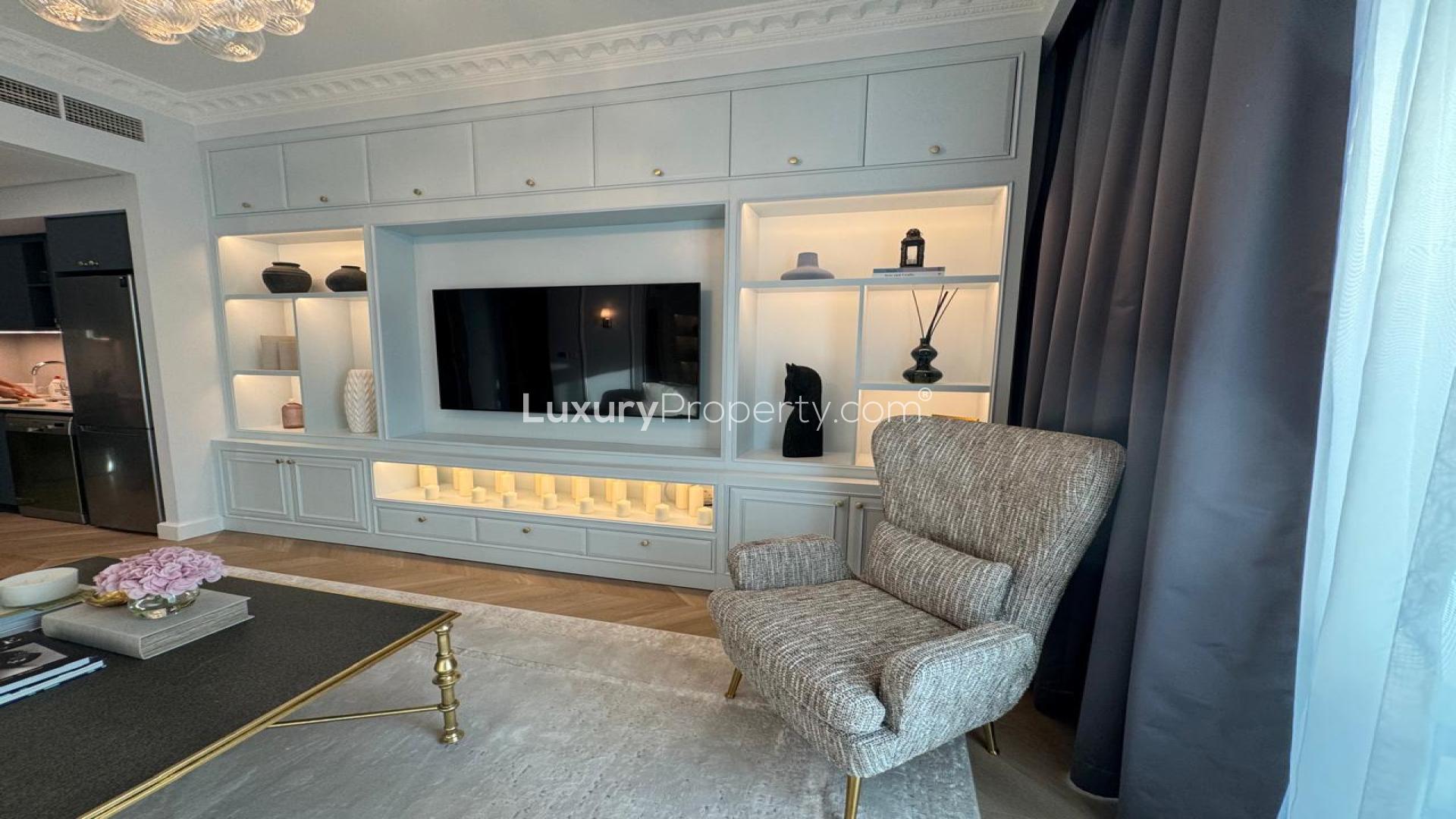 Luxurious living room with bespoke European interiors in Dubai Creek Harbour apartment for sale