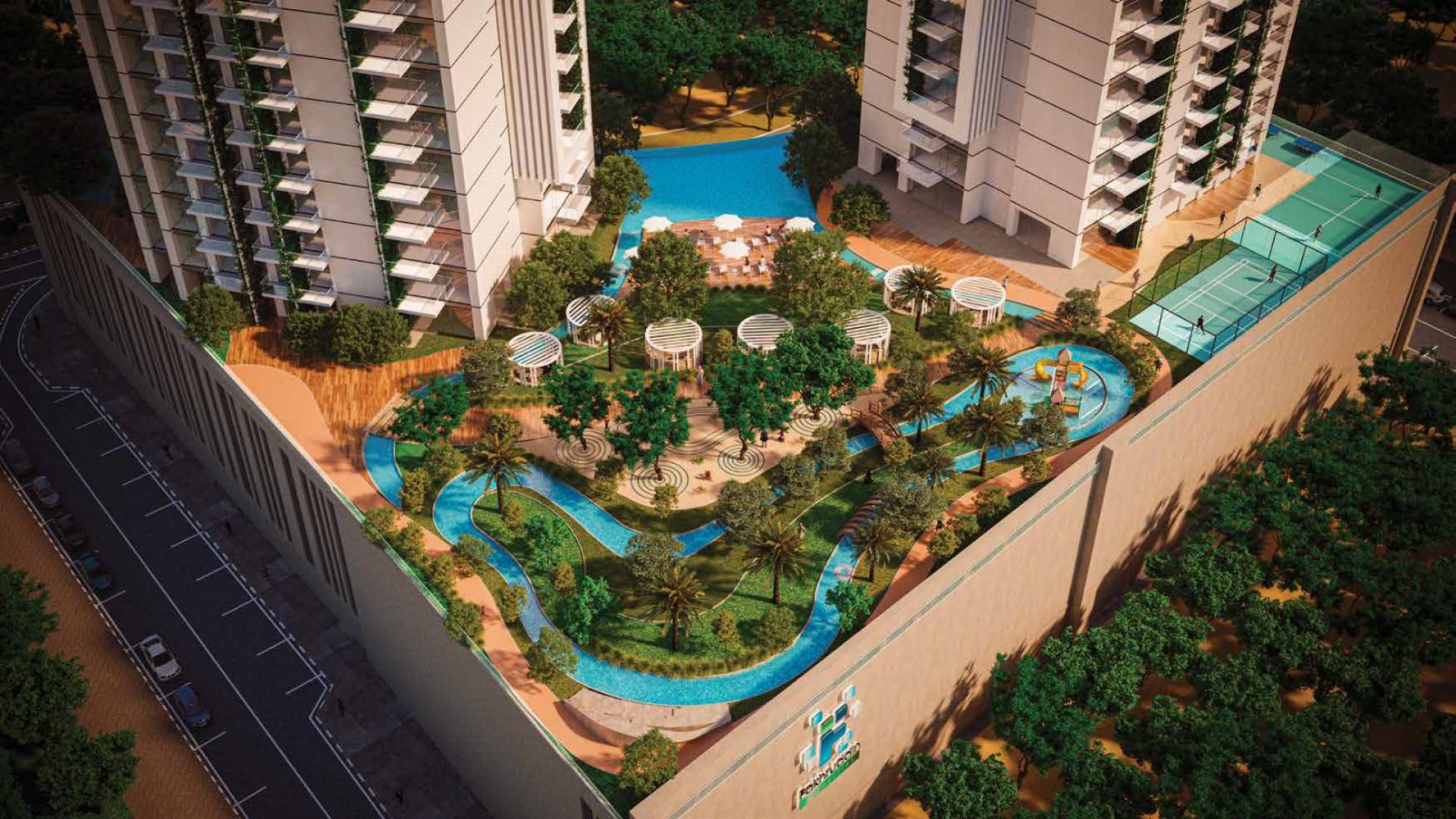 "Jumeirah Village Circle Maimoon Gardens apartment towers at sunset, genuine resale opportunity.",Aerial view of Maimoon Gardens amenities, Jumeirah Village Circle apartment for sale