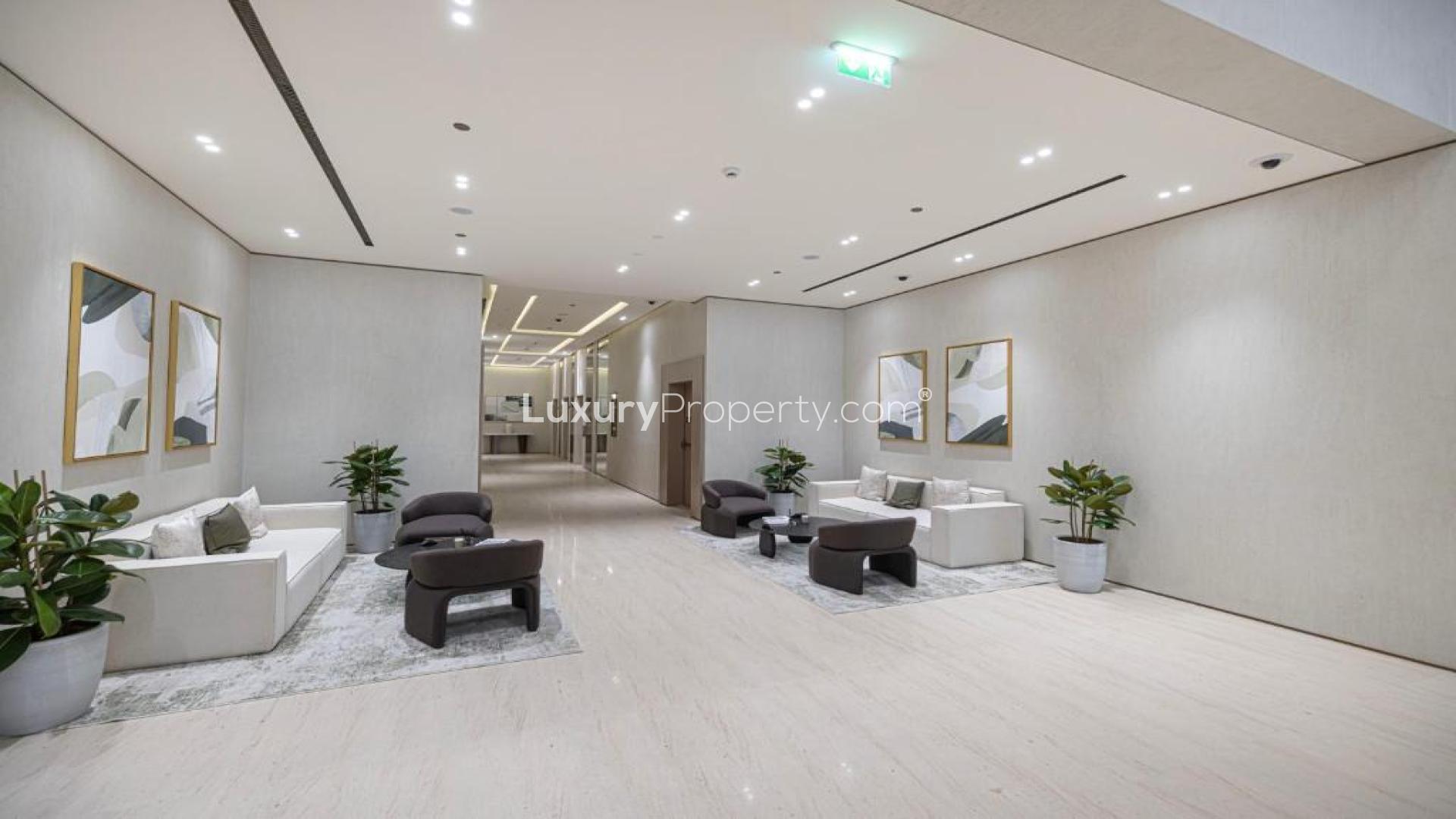 Luxurious lobby of Binghatti Phantom apartment in JVC with elegant marble decor