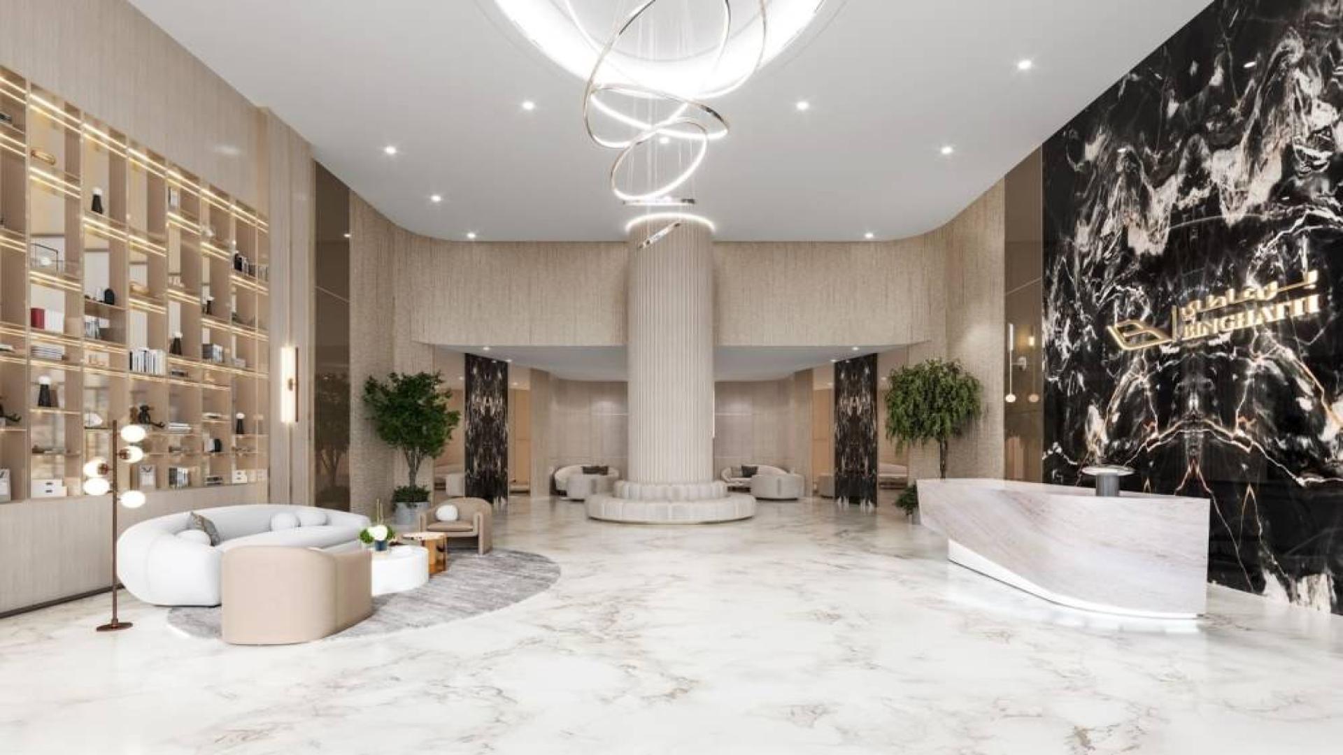 Modern lounge area in Binghatti Phantom, JVC apartment building with stylish decor