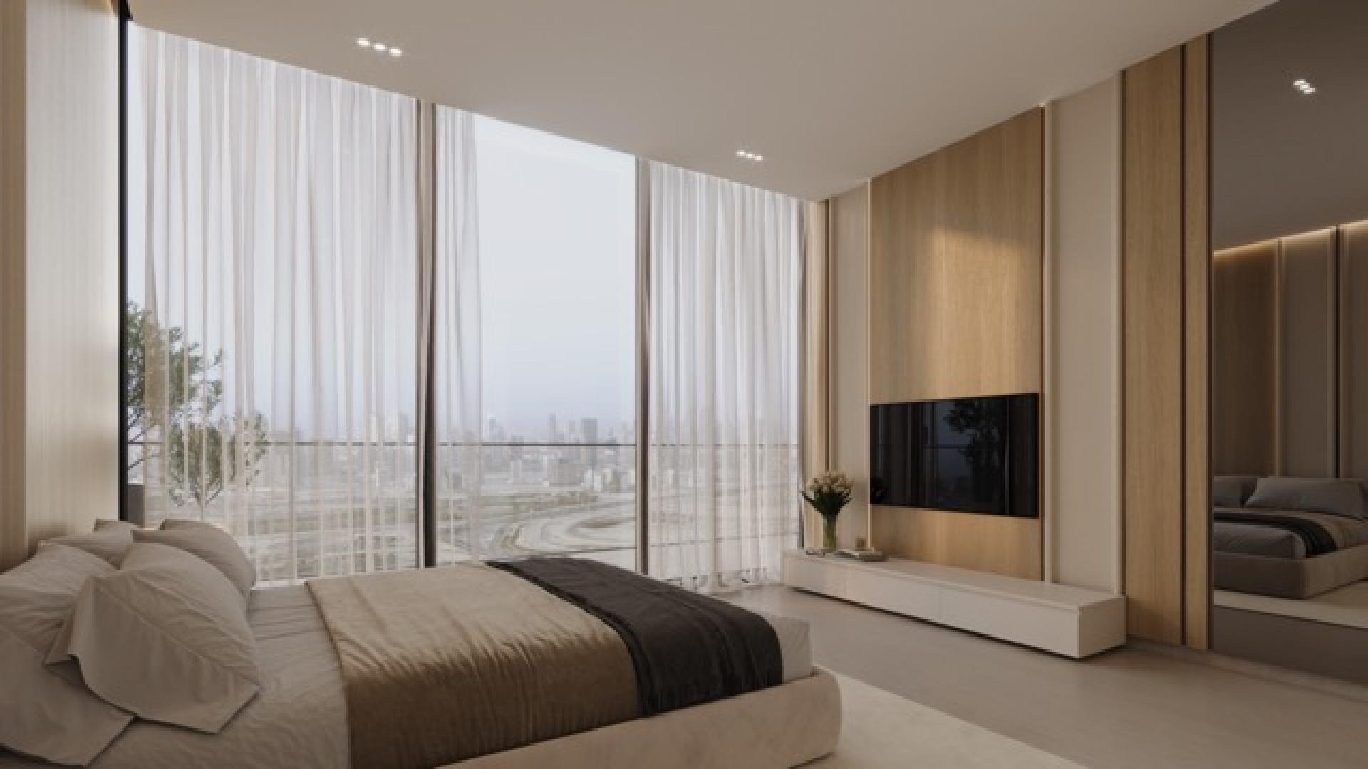 High-floor apartment bedroom interior in Binghatti Haven, Dubai Sports City, for sale