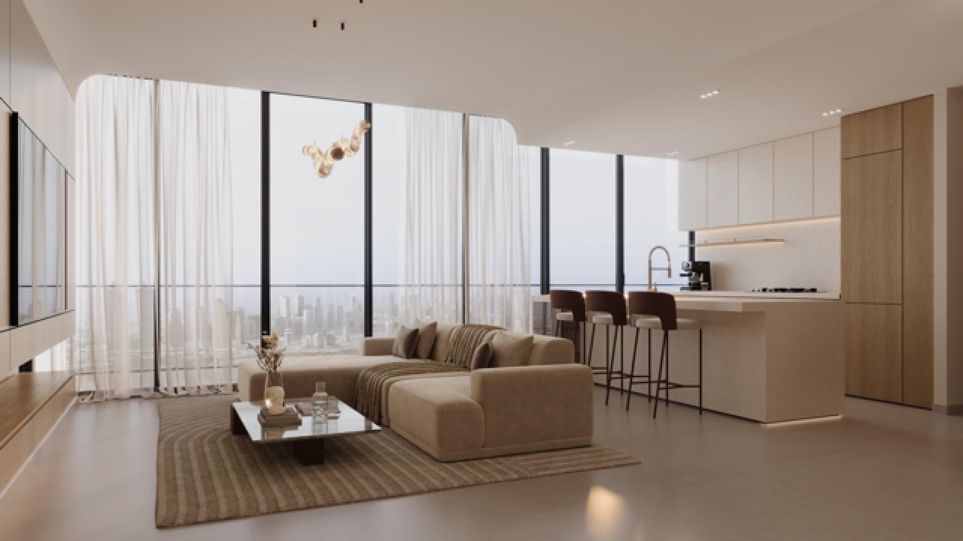 Modern living and dining area in high-floor corner apartment, Binghatti Haven, Dubai Sports City
