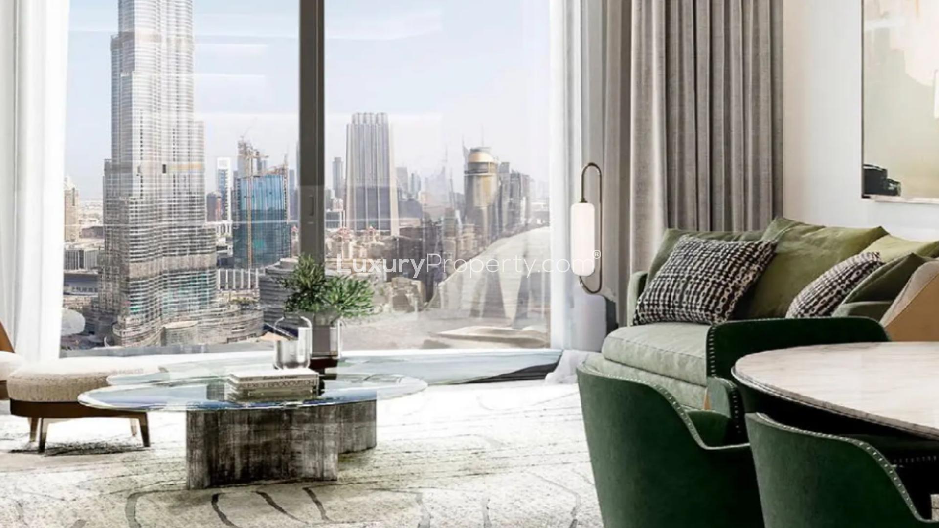 Exterior view of St Regis Residences apartment in Downtown Dubai, vibrant evening scene