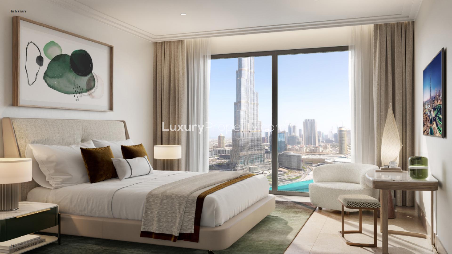 Luxurious Downtown Dubai apartment living room with stunning city skyline view
