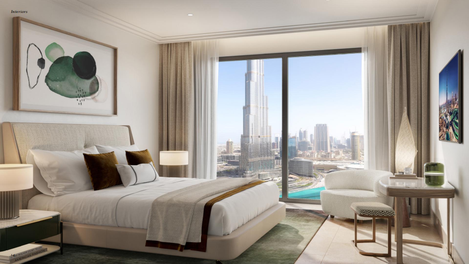 Luxurious Downtown Dubai apartment living room with stunning city skyline view
