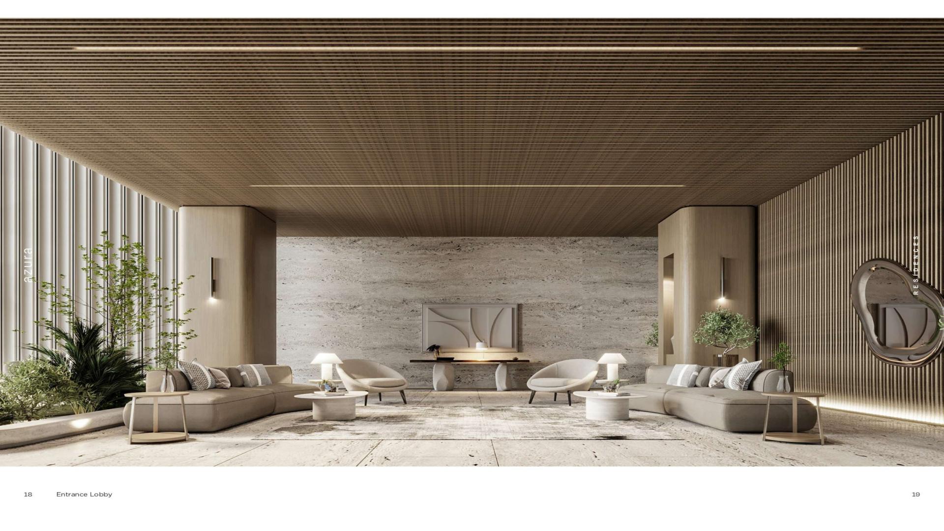 Aerial view of Azura Residences, Dubai Islands, featuring waterfront and lush greenery