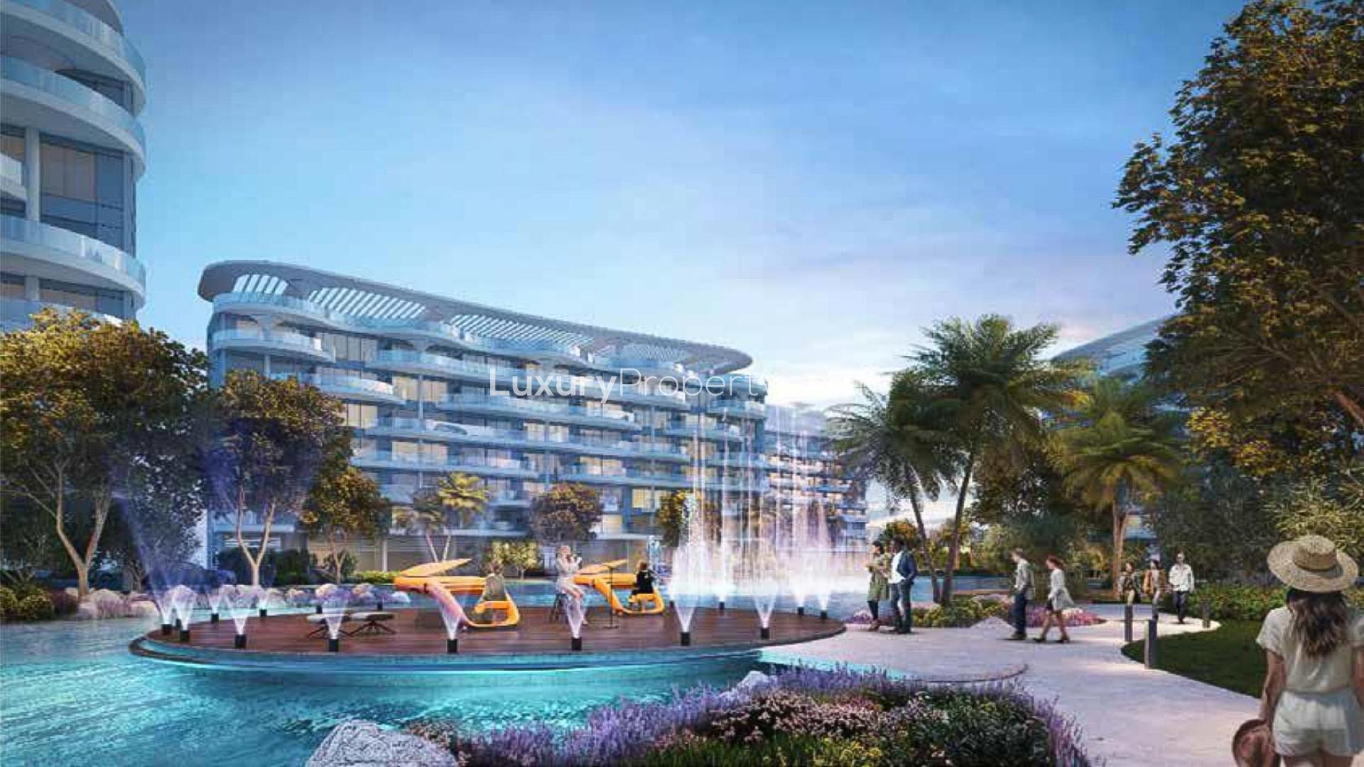 Luxurious Damac Lagoon Views apartment lobby with elegant seating and modern decor