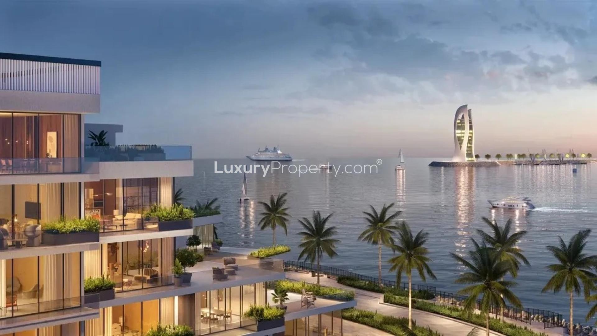 Modern apartment in Doha, Qatar with stunning waterfront view and luxurious amenities at sunset
