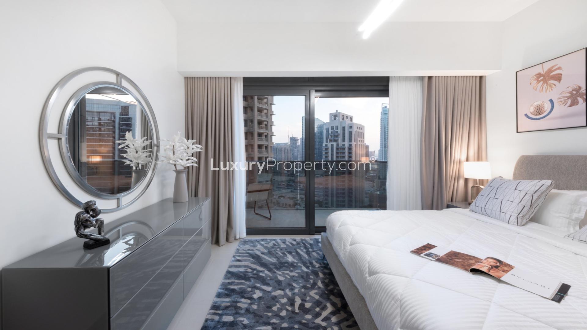 Fully furnished living room in Act Towers apartment, Downtown, for sale, Ref No: LP48582