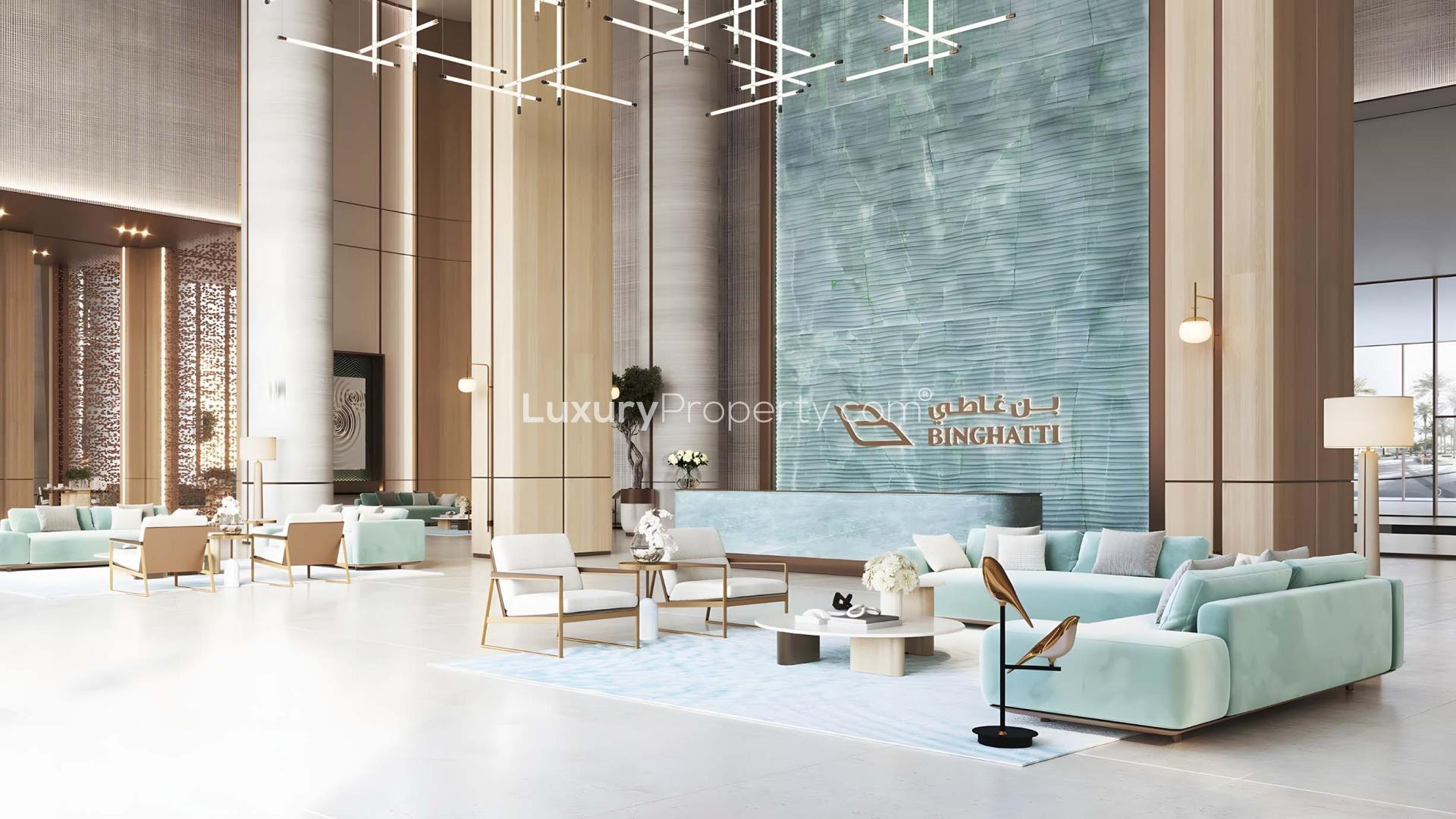 Luxurious Binghatti Aquarise apartment with stunning pool and skyline views at sunset