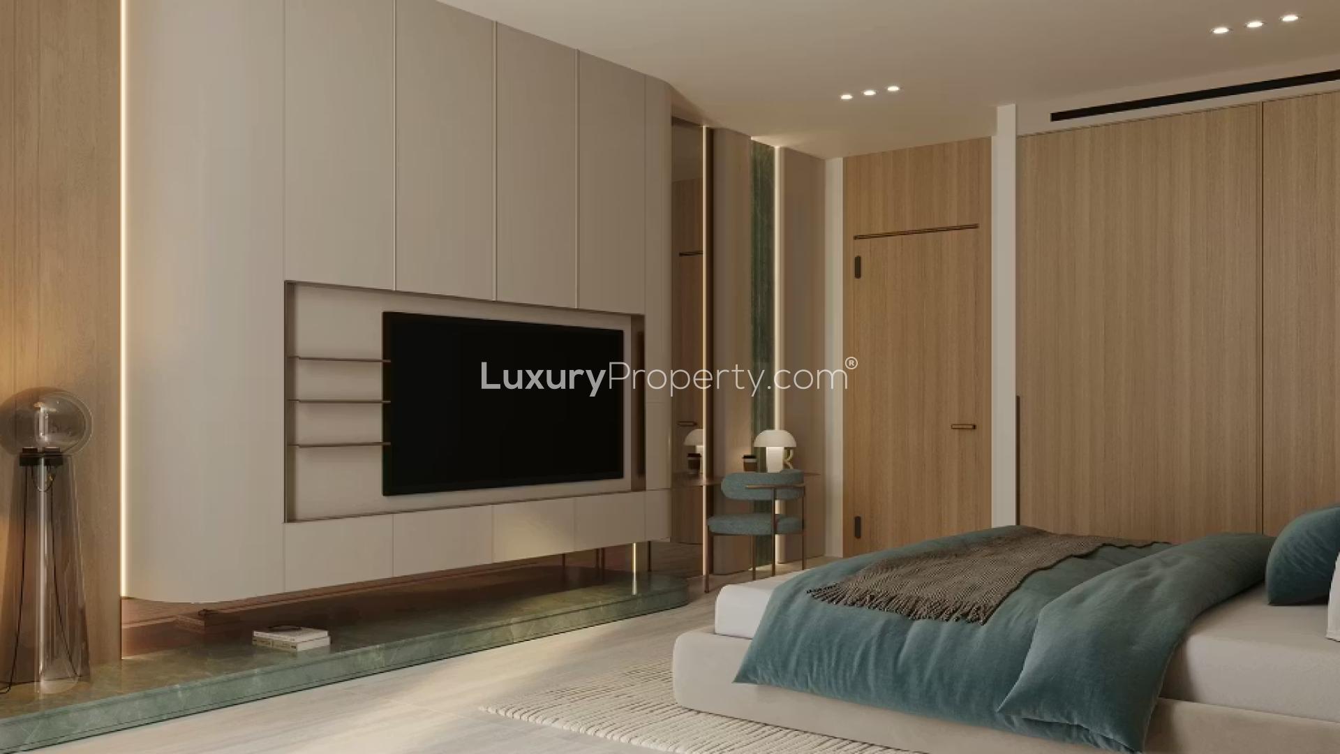 Aerial view of Binghatti Aquarise apartment building in Business Bay, Dubai