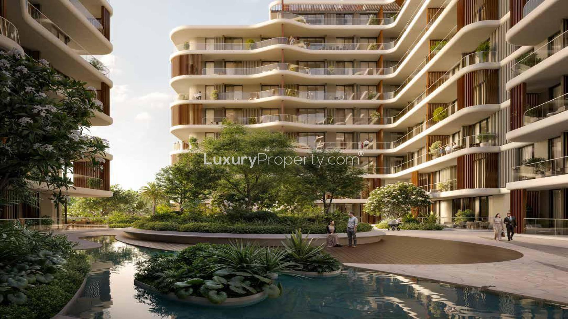 Luxurious Al Barari apartment balcony with elegant seating and lush greenery views