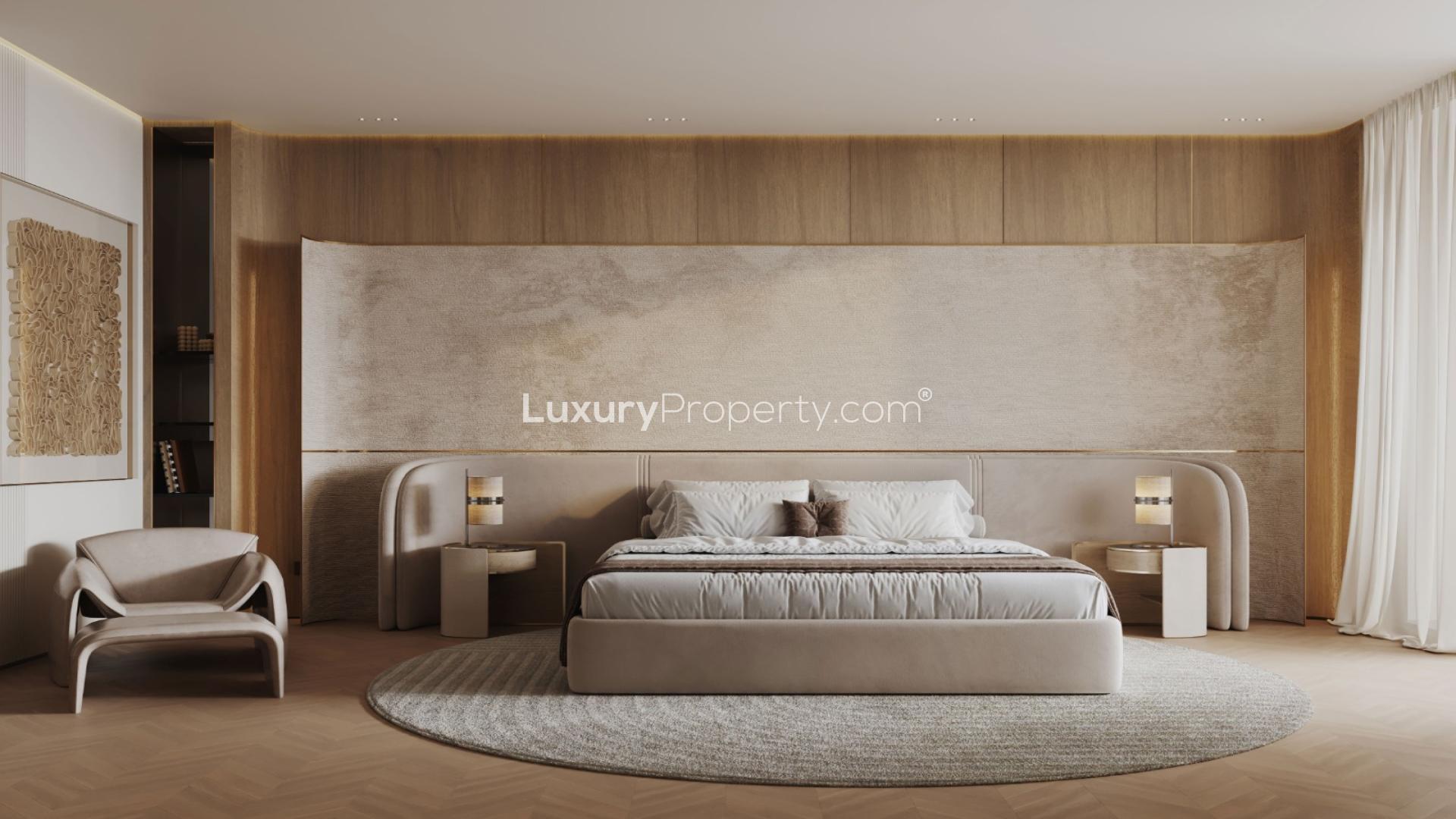 Modern Binghatti Ivory apartment with balcony overlooking pool and Dubai skyline in Al Jaddaf
