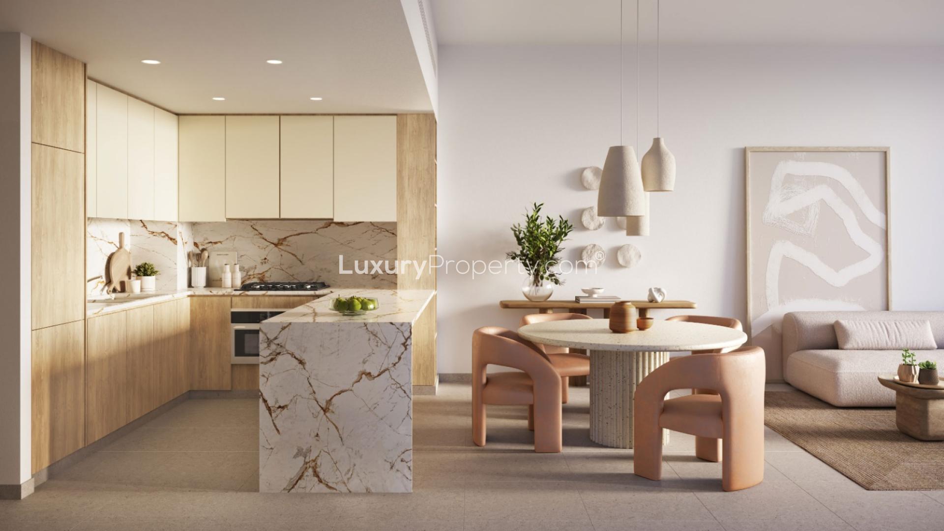 Modern living room in Ghaf Woods apartment, featuring stylish furniture and natural light