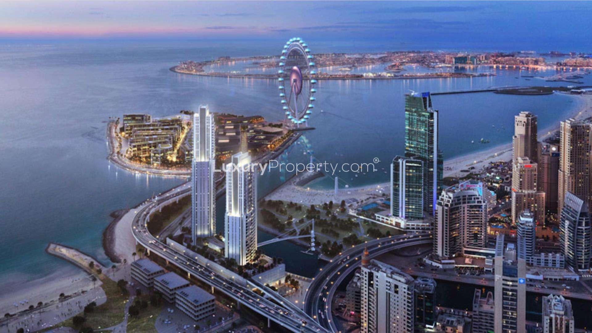 Luxury waterfront apartments at night in 5242, Dubai Marina, for sale