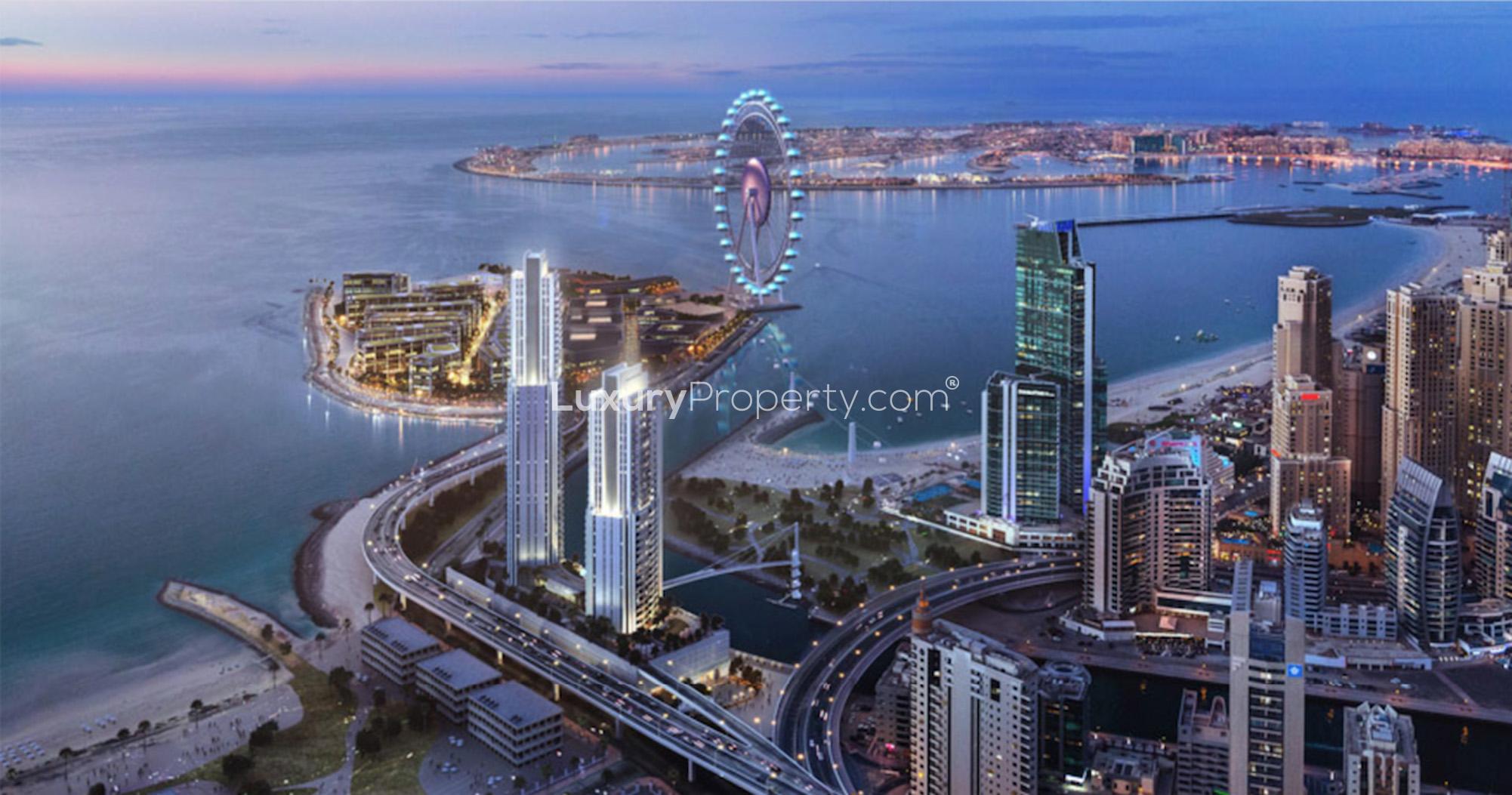 Luxurious Dubai Marina apartment balcony view overlooking waterfront and iconic Ferris wheel