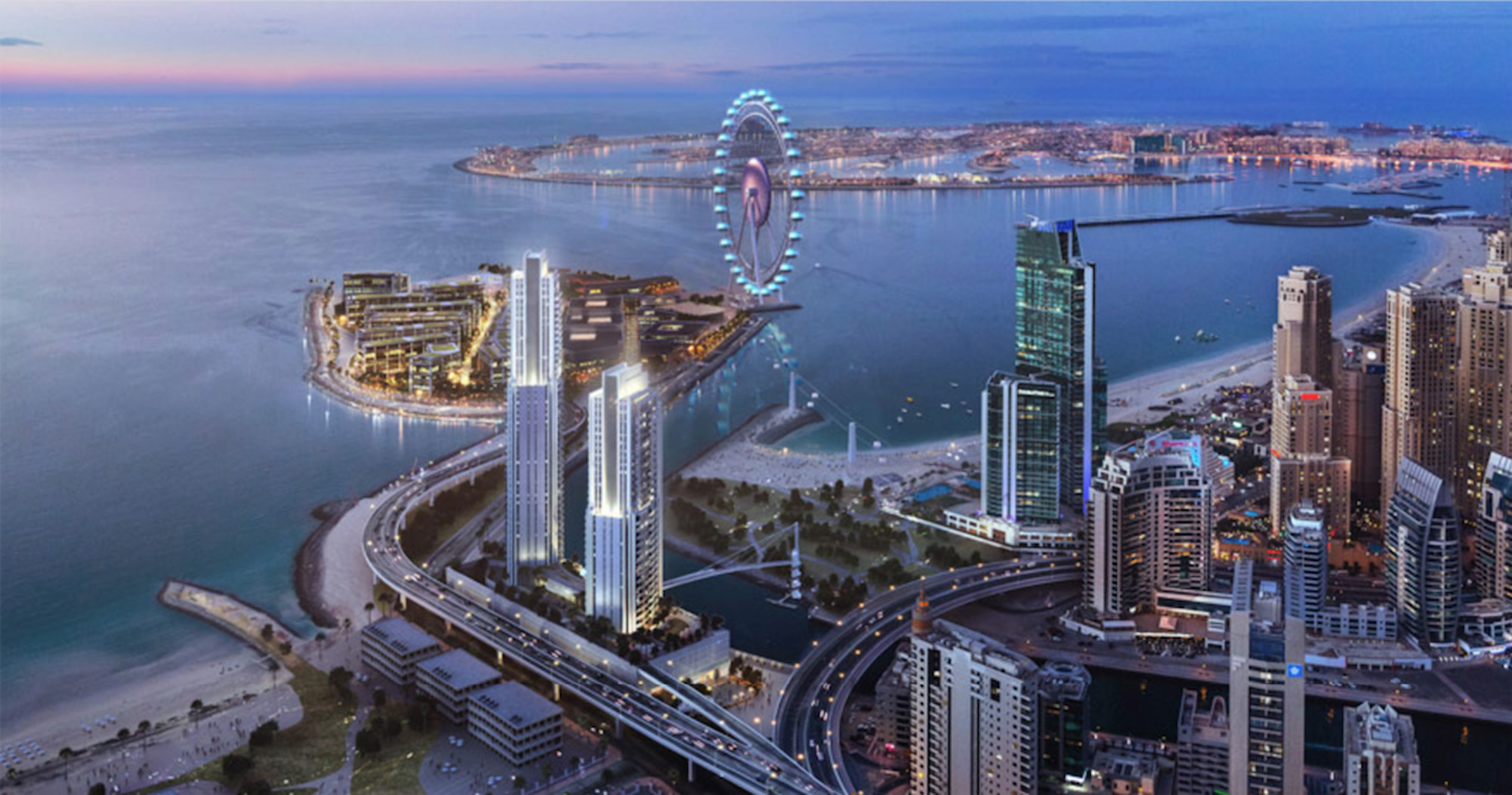 Luxurious Dubai Marina apartment balcony view overlooking waterfront and iconic Ferris wheel