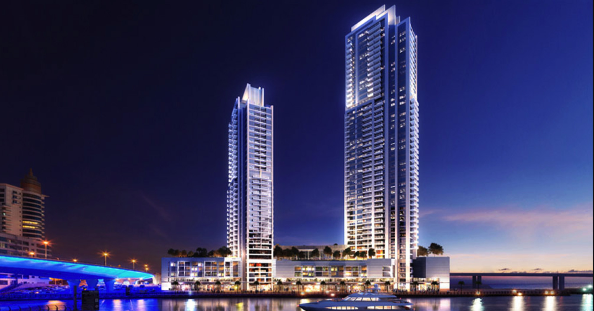 Luxurious waterfront apartment view at night in Dubai Marina, vibrant skyline and yacht