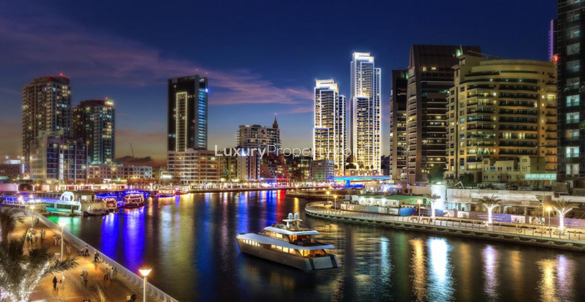 Luxurious waterfront apartment view in Dubai Marina's 5242 community, featuring cityscape and sea