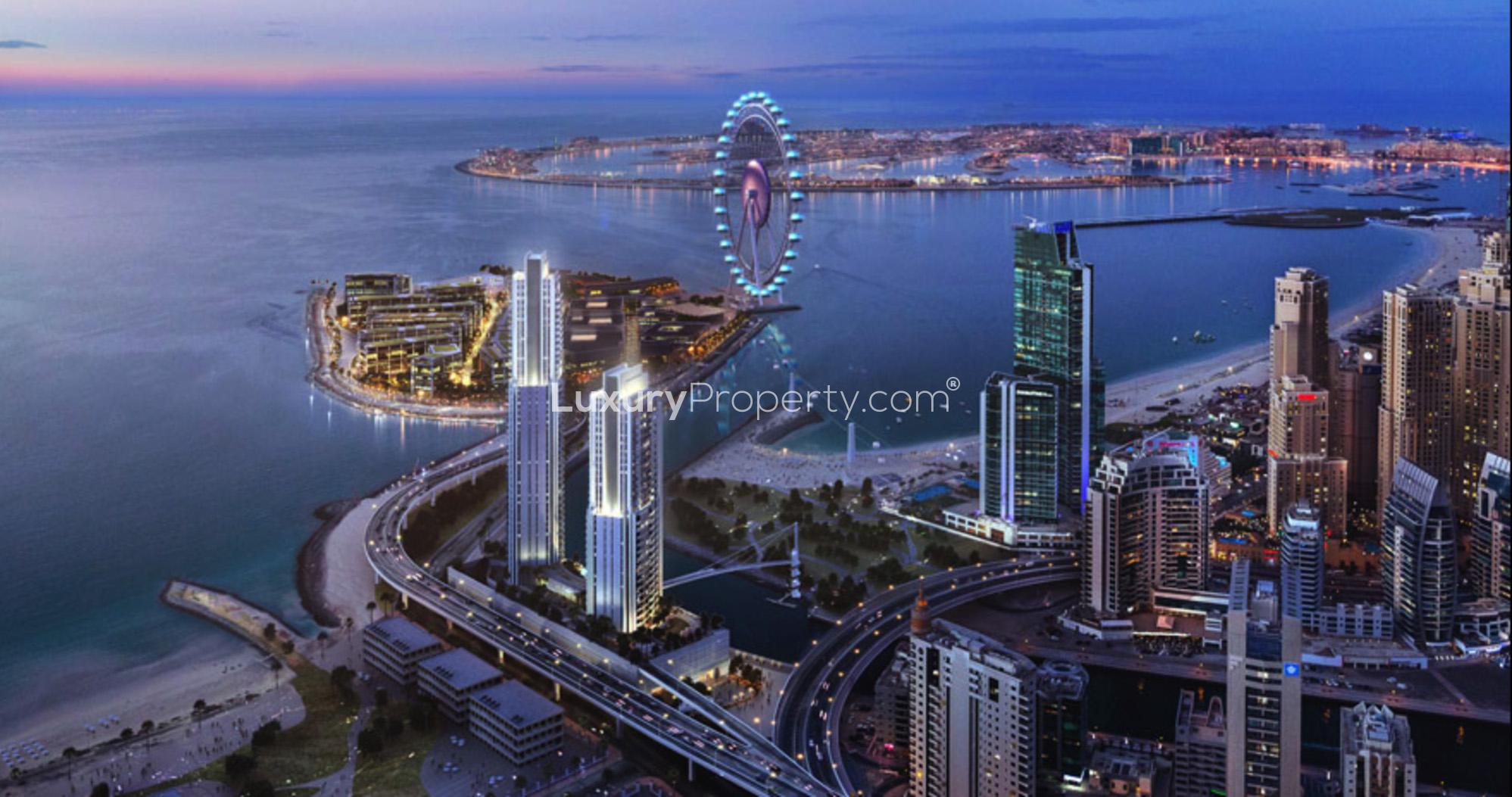 "Stunning Dubai Marina skyline view, luxury waterfront apartment for sale in 5242 community.",Luxury waterfront apartment view, Dubai Marina skyline, vibrant cityscape, and serene sea at dusk