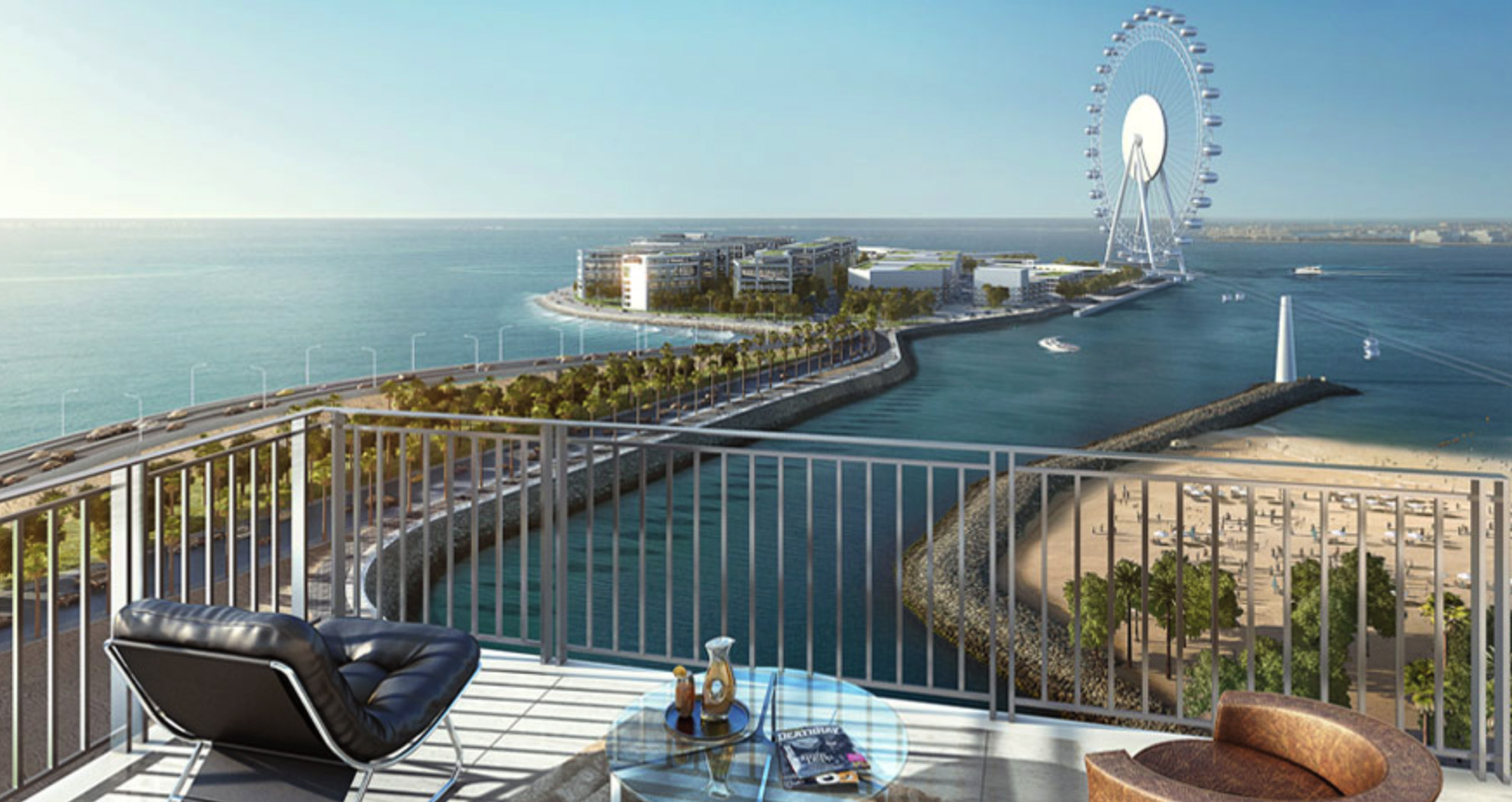 Balcony view from luxury waterfront apartment in Dubai Marina overlooking ocean and Ferris wheel