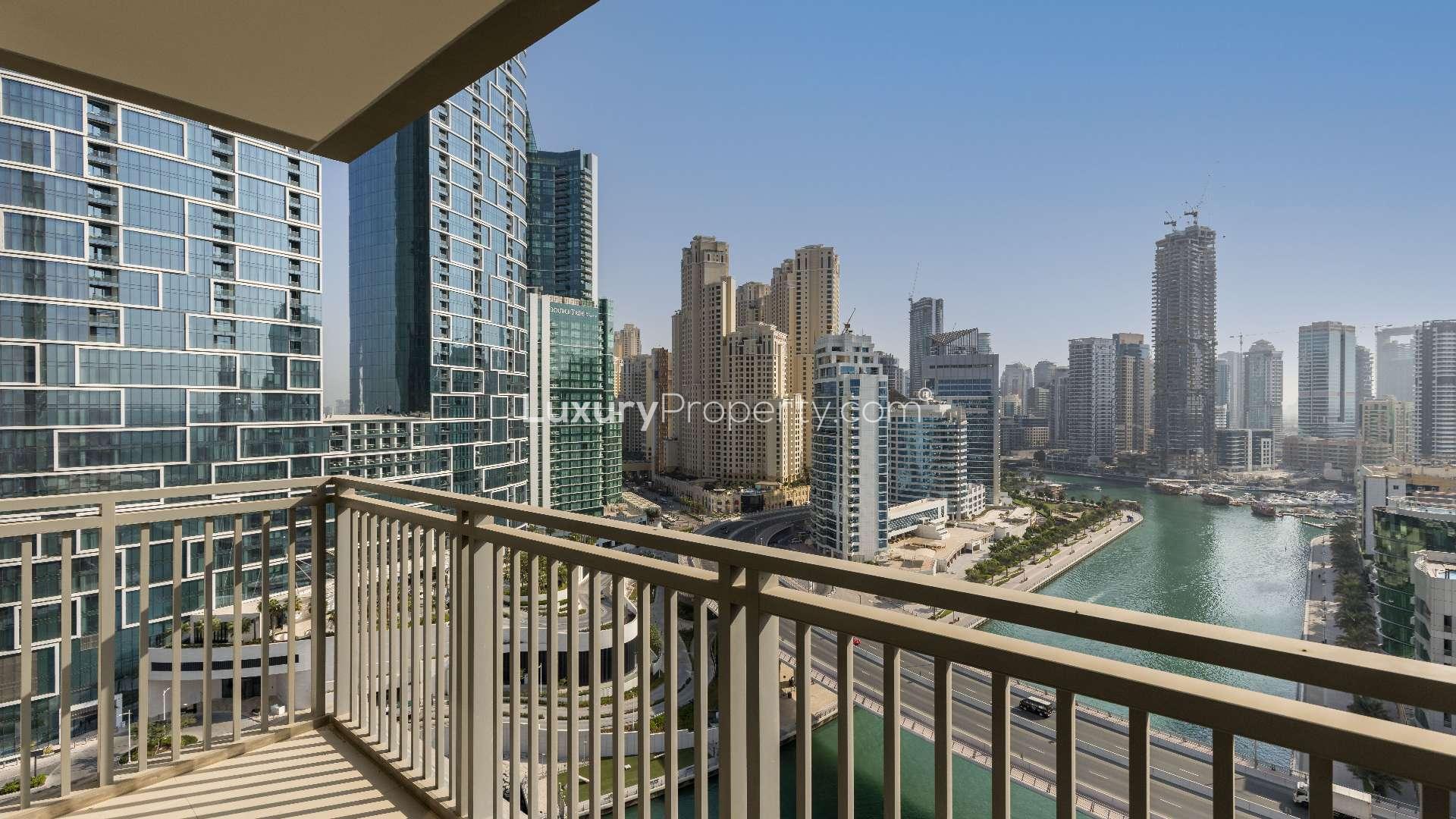 Empty apartment with marina view, large windows, and balcony in Dubai Marina, 5242