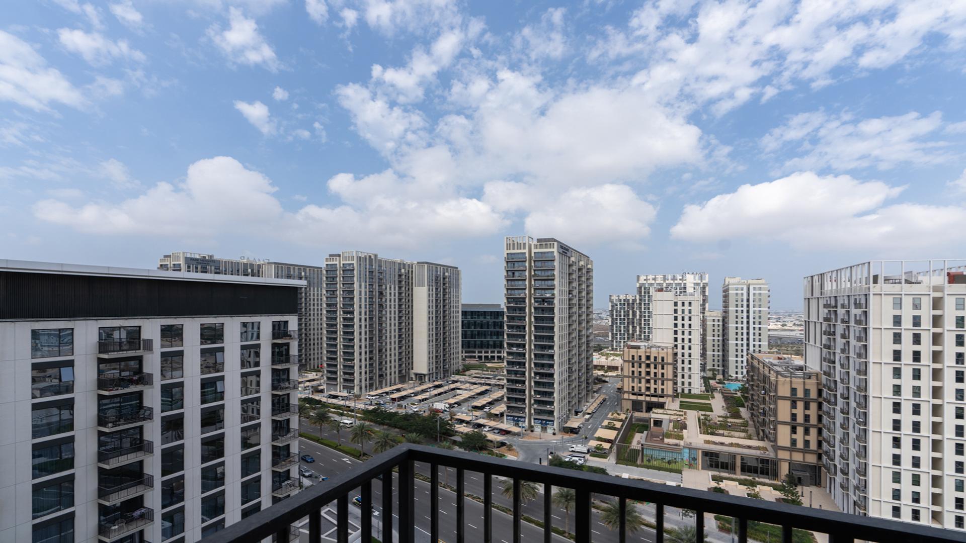Skyline view from balcony of Park Ridge apartment in Dubai Hills Estate