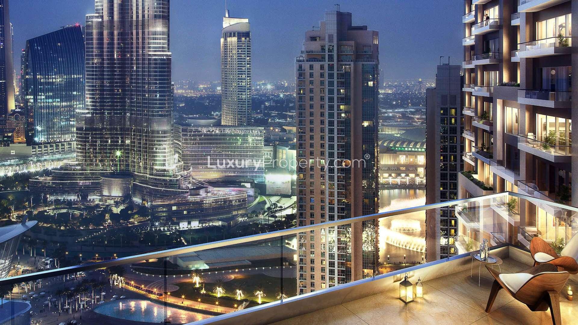 Stunning Downtown Dubai skyline view from Opera District apartment for sale at night