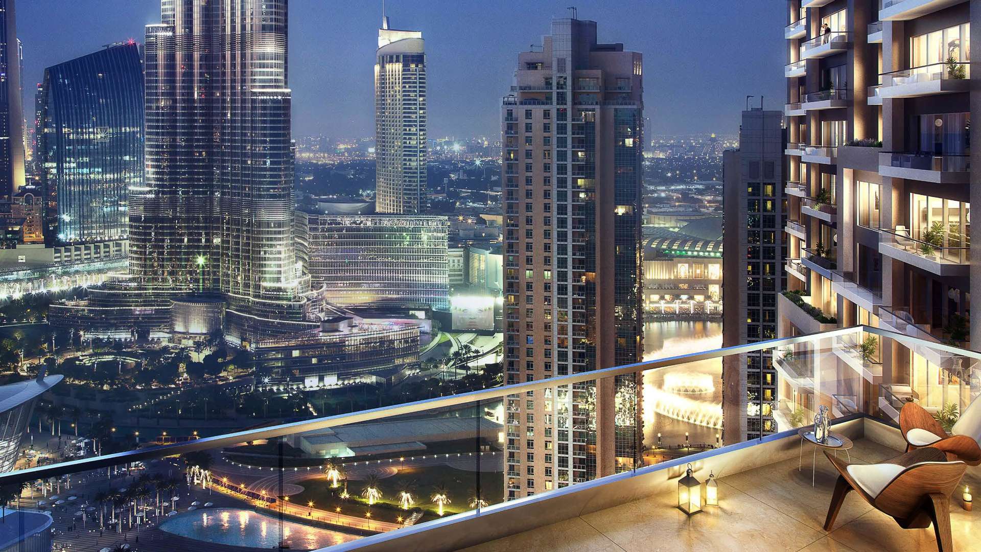 Stunning Downtown Dubai skyline view from Opera District apartment for sale at night