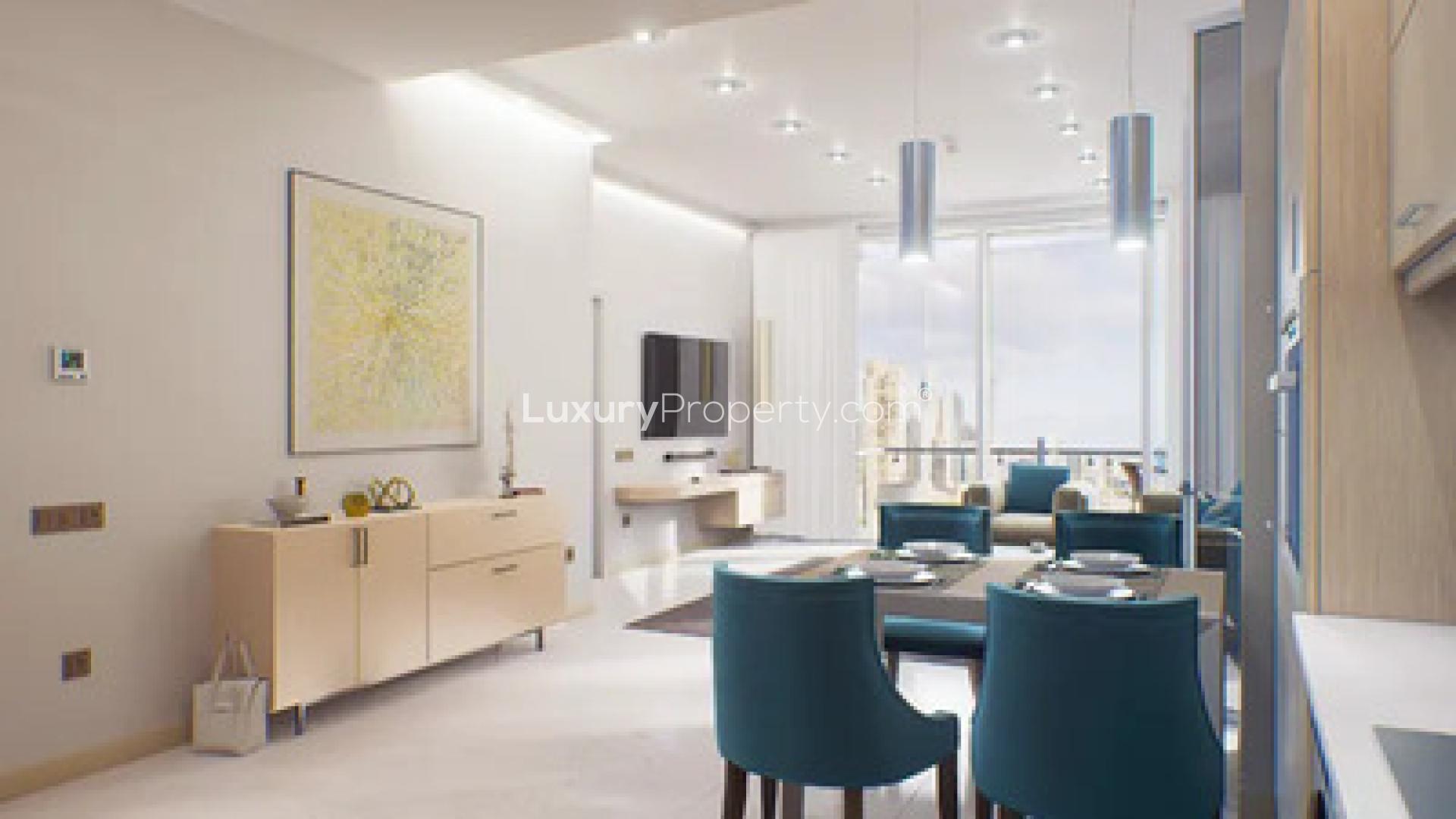 Luxurious living room in Golf Views Seven City apartment, Jumeirah Lake Towers, Dubai