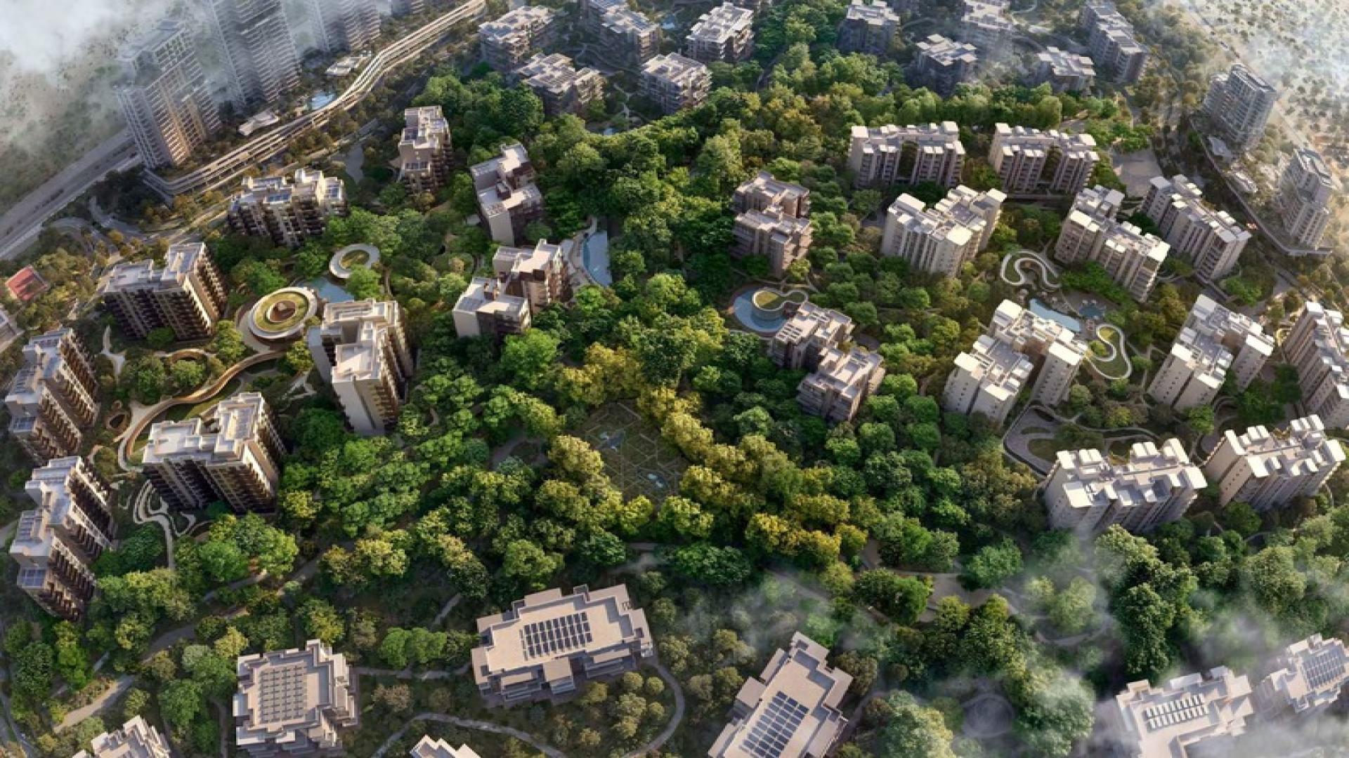 Aerial view of lush Ghaf Woods residential community in Dubai Land, showcasing modern apartments