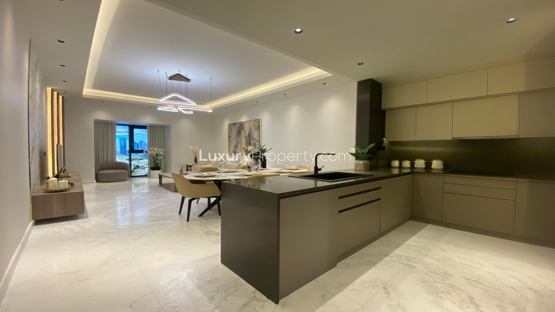 High-floor apartment dining and living area in Dubai Marina's Aeternitas Tower for sale