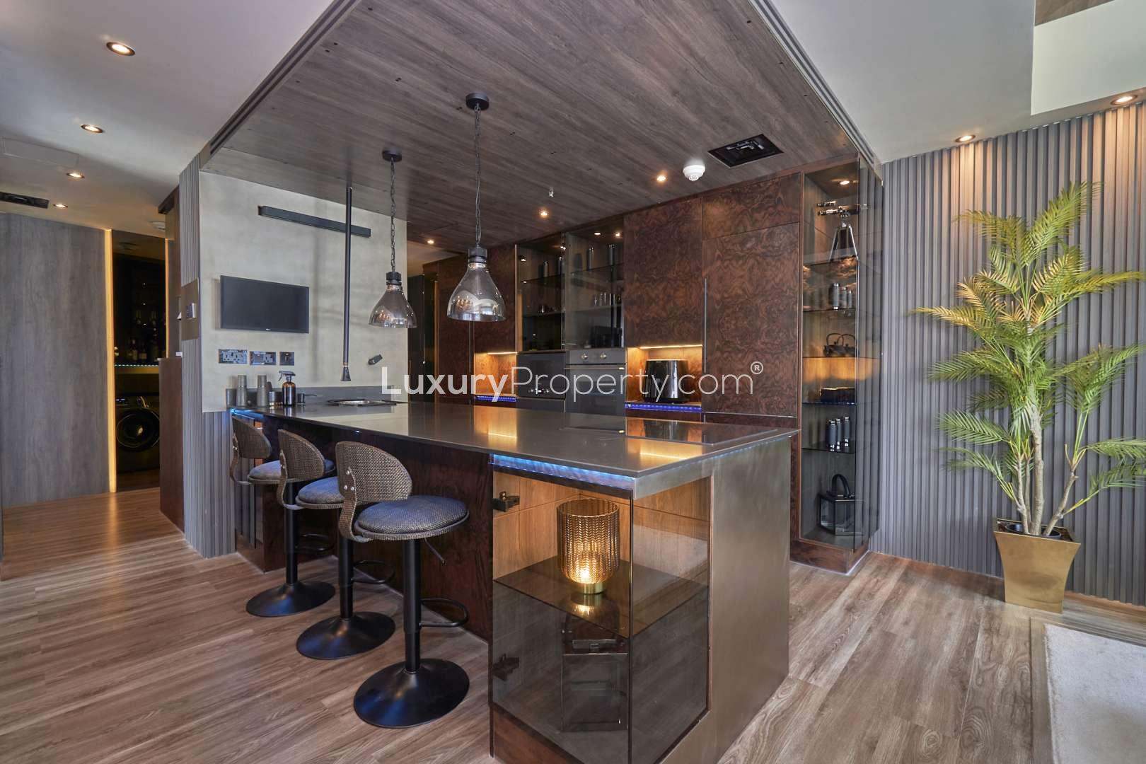 Modern living room in fully upgraded 1-bedroom apartment, Al Majara, Dubai Marina