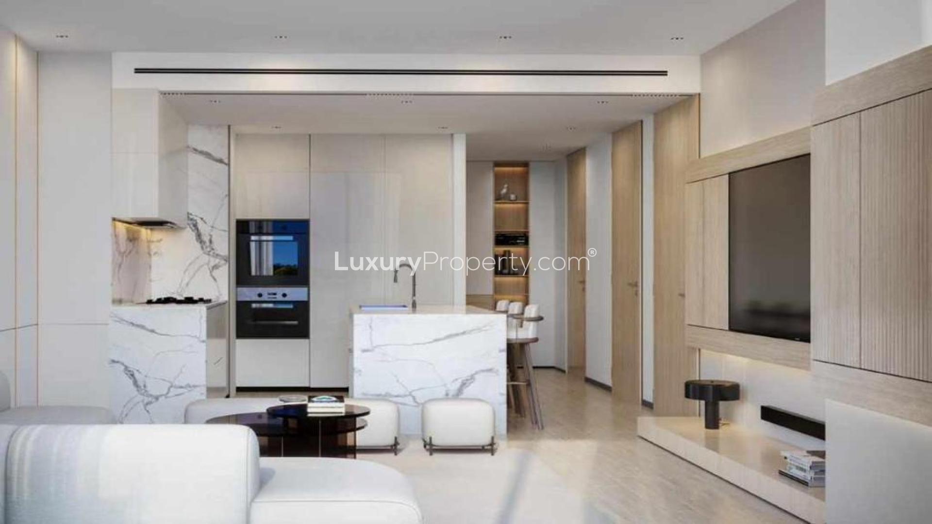 Elegant living room in high-floor 1-bedroom apartment, Binghatti Phantom, Jumeirah Village Circle