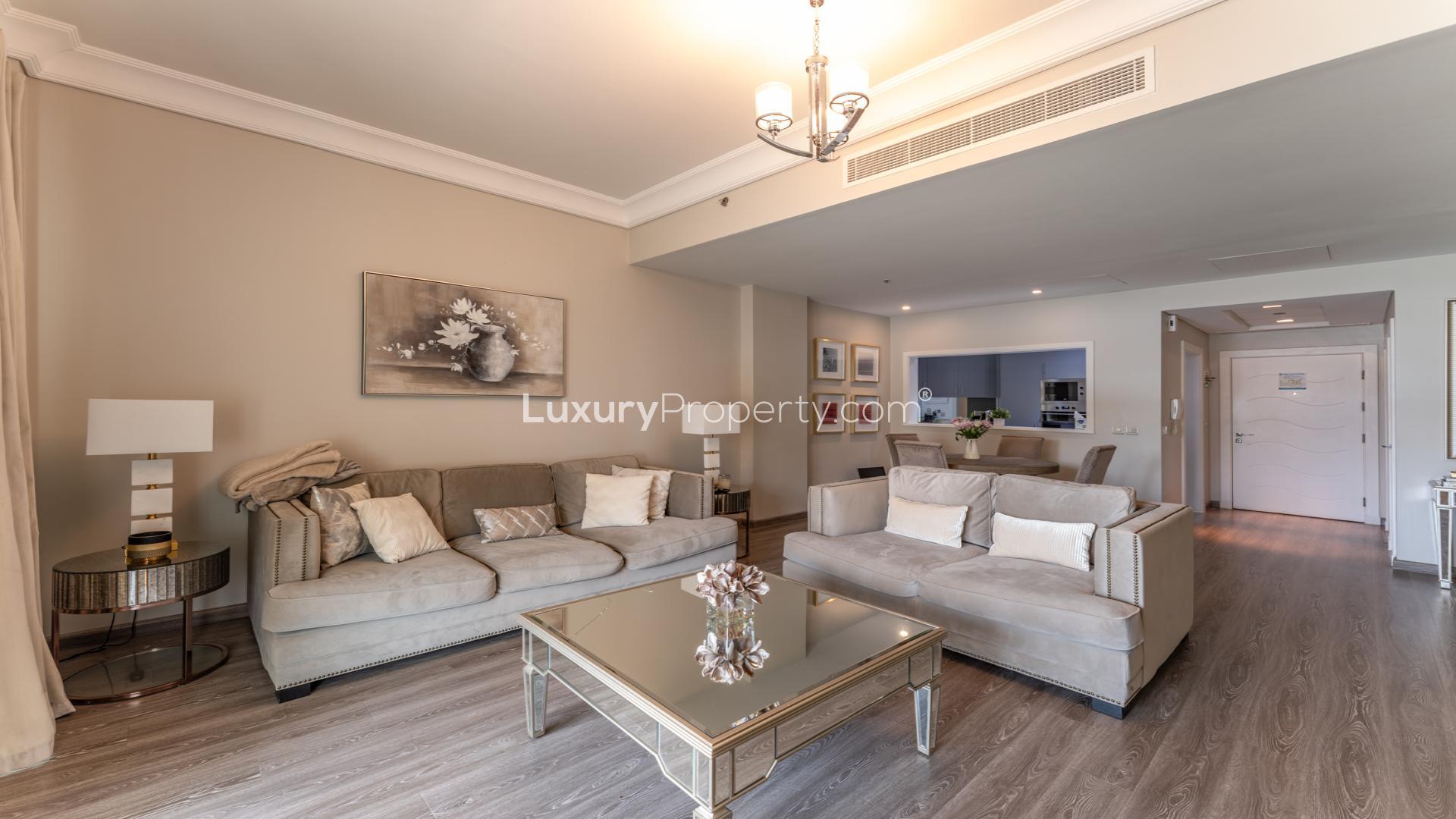 Modern living room in one-bedroom apartment, Shoreline Apartments, Palm Jumeirah, with elegant decor