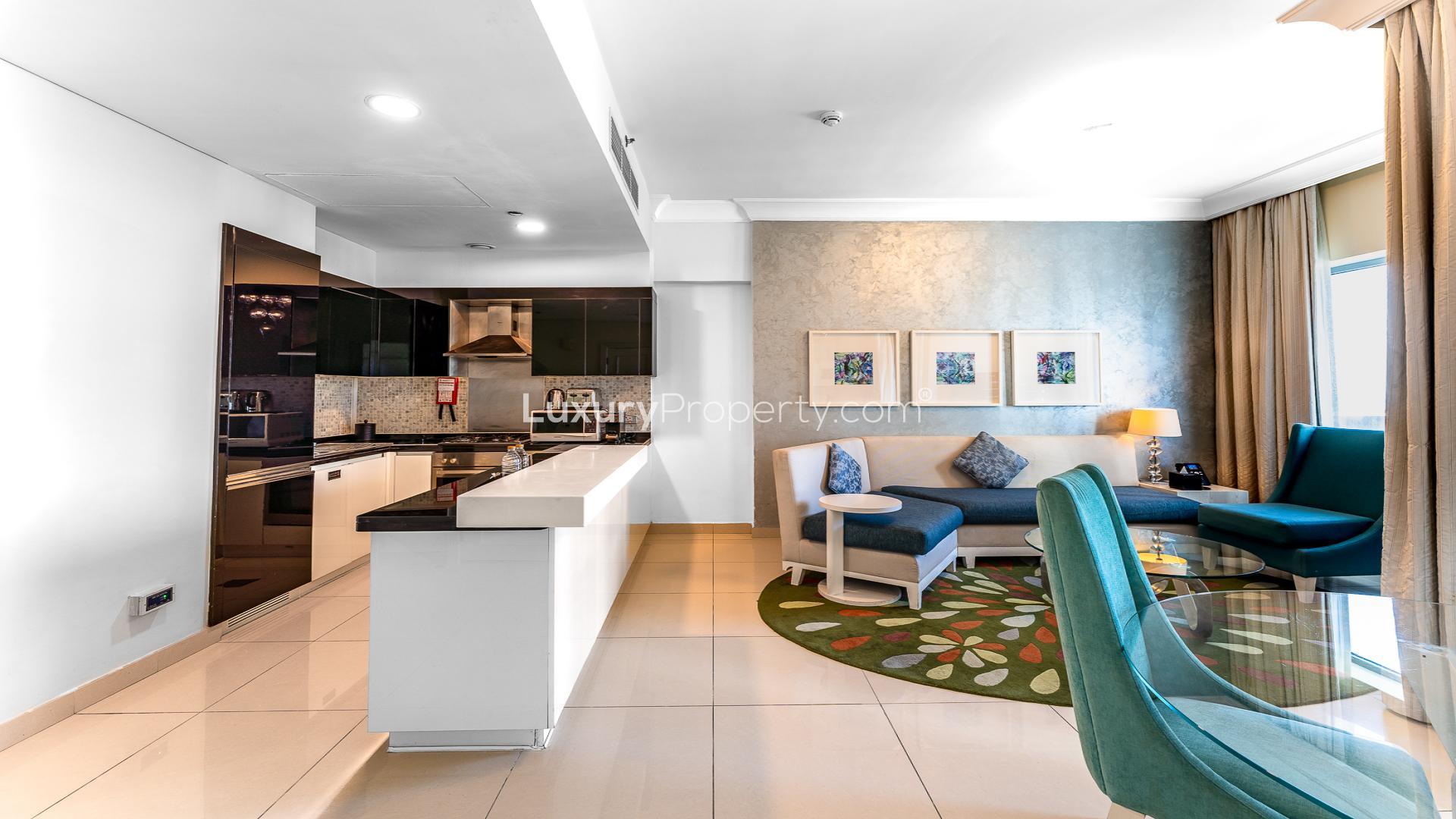 Balcony view from furnished apartment near Dubai Mall, Downtown Dubai, overlooking city skyline