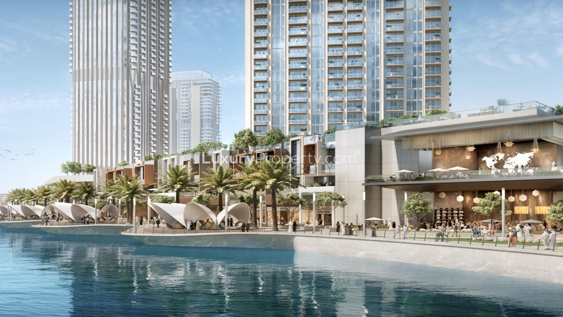 Modern living room in Dubai Creek Harbour apartment with elegant decor and large windows