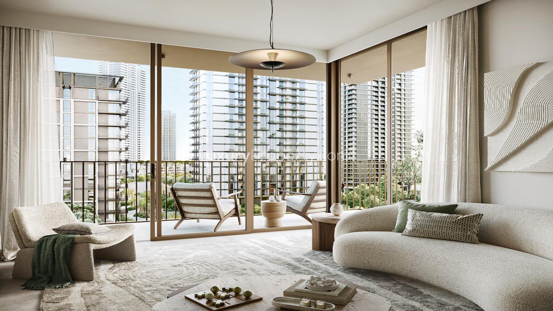Luxurious apartment buildings in Dubai Creek Harbour's scenic Creek Beach community