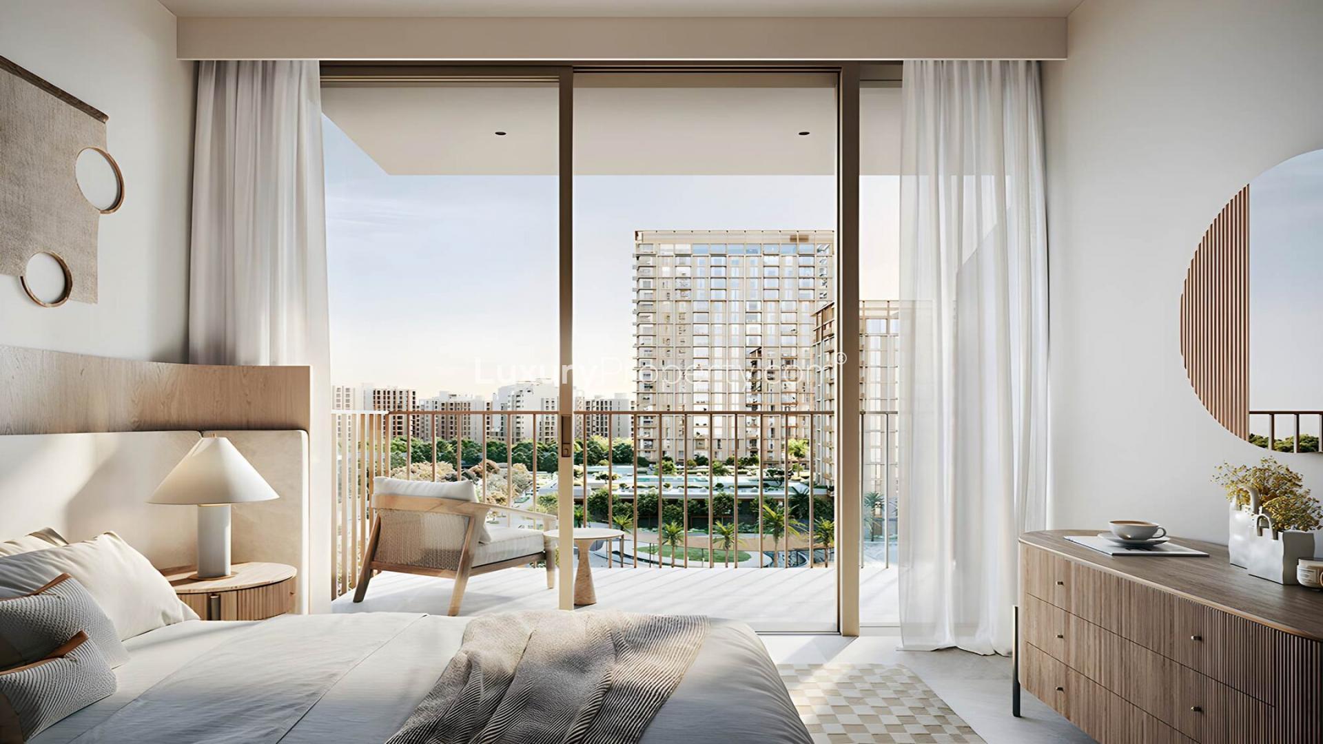Modern living room in 1-bedroom waterfront apartment at Arlo, Dubai Creek Harbour, Creek Beach