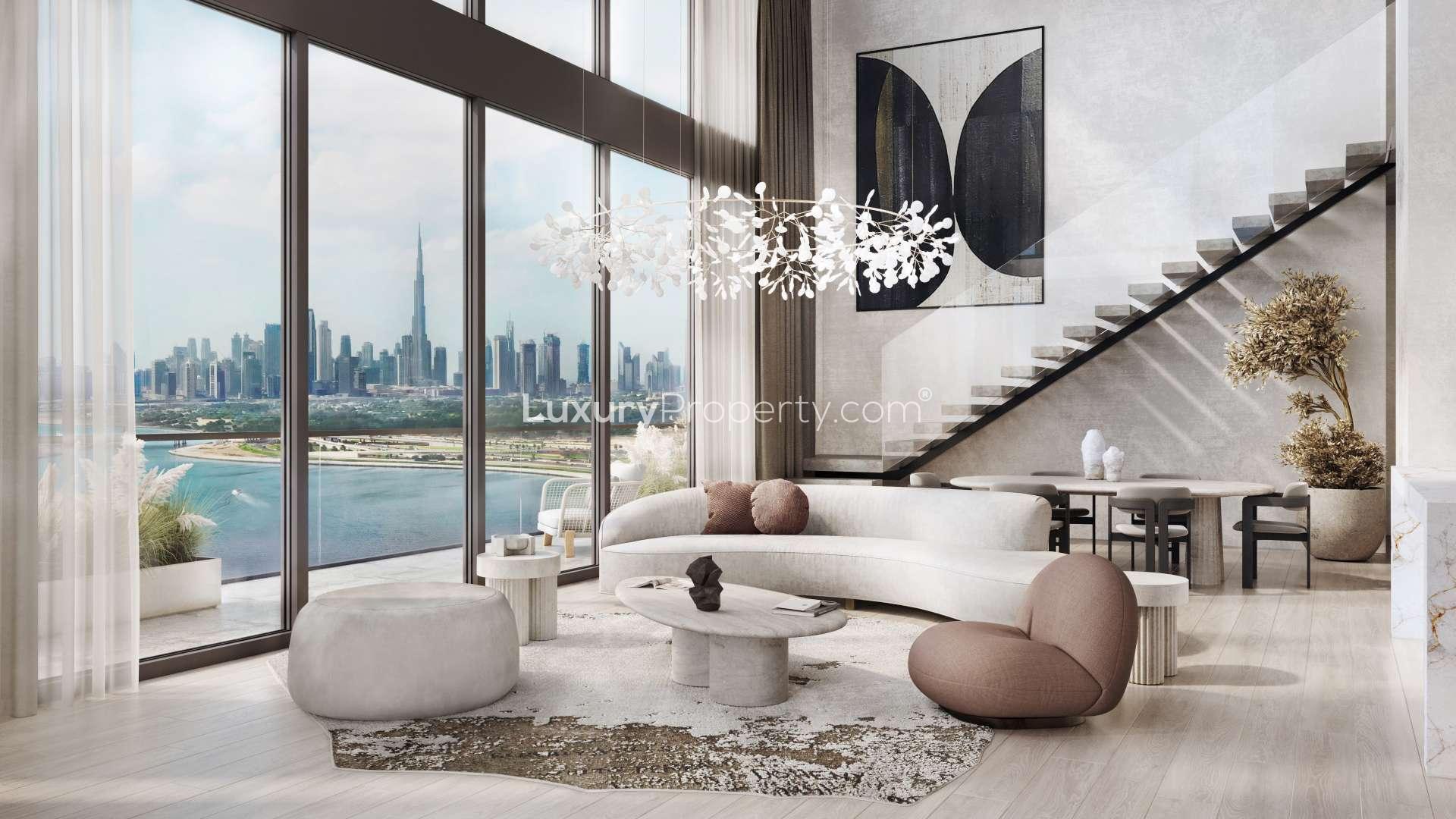 Luxurious living room in 1-bedroom apartment, Kempinski Al Jaddaf, with stunning city views