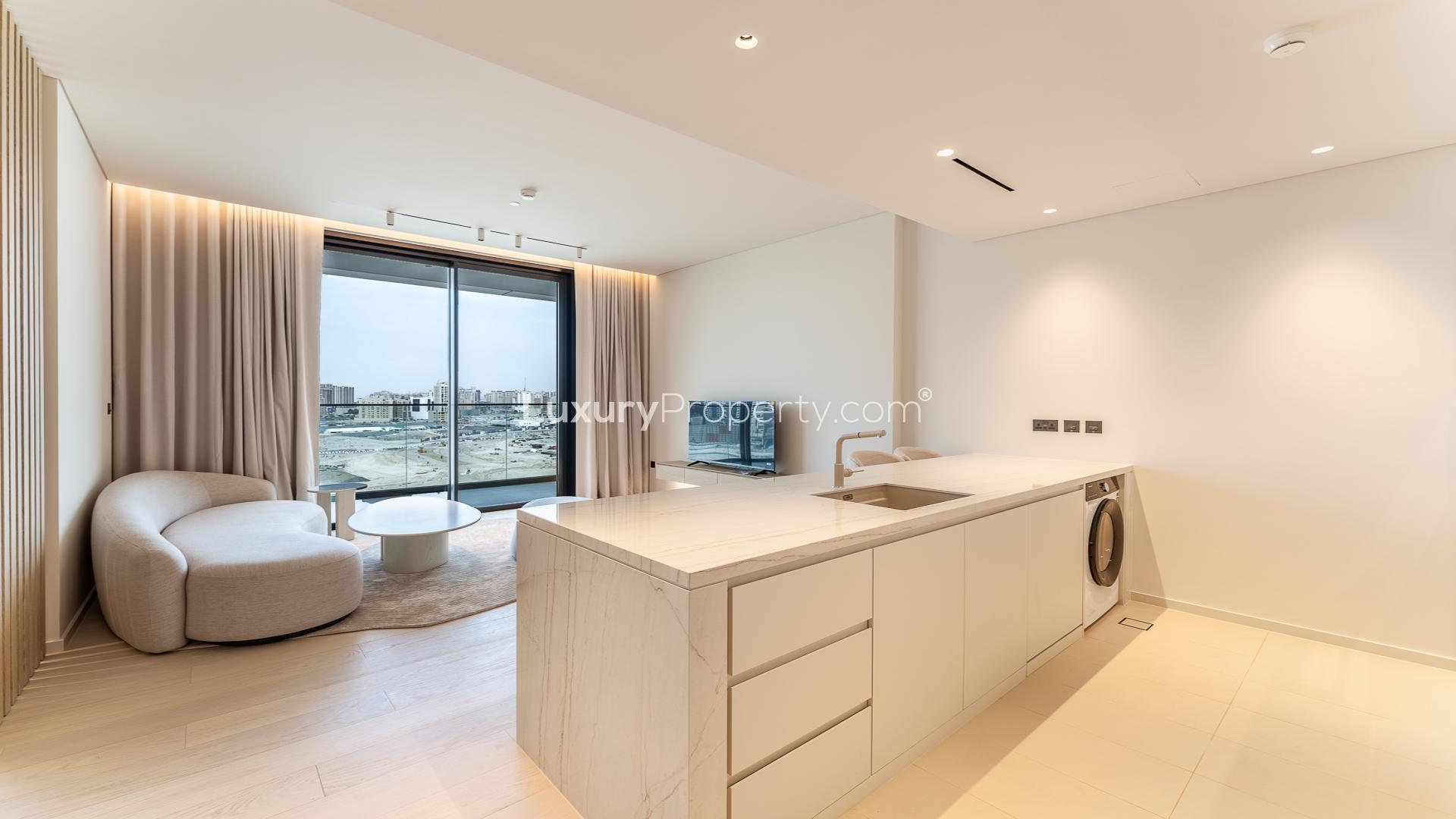 Luxury poolside view at Kempinski Residences, Al Jaddaf studio apartment for sale