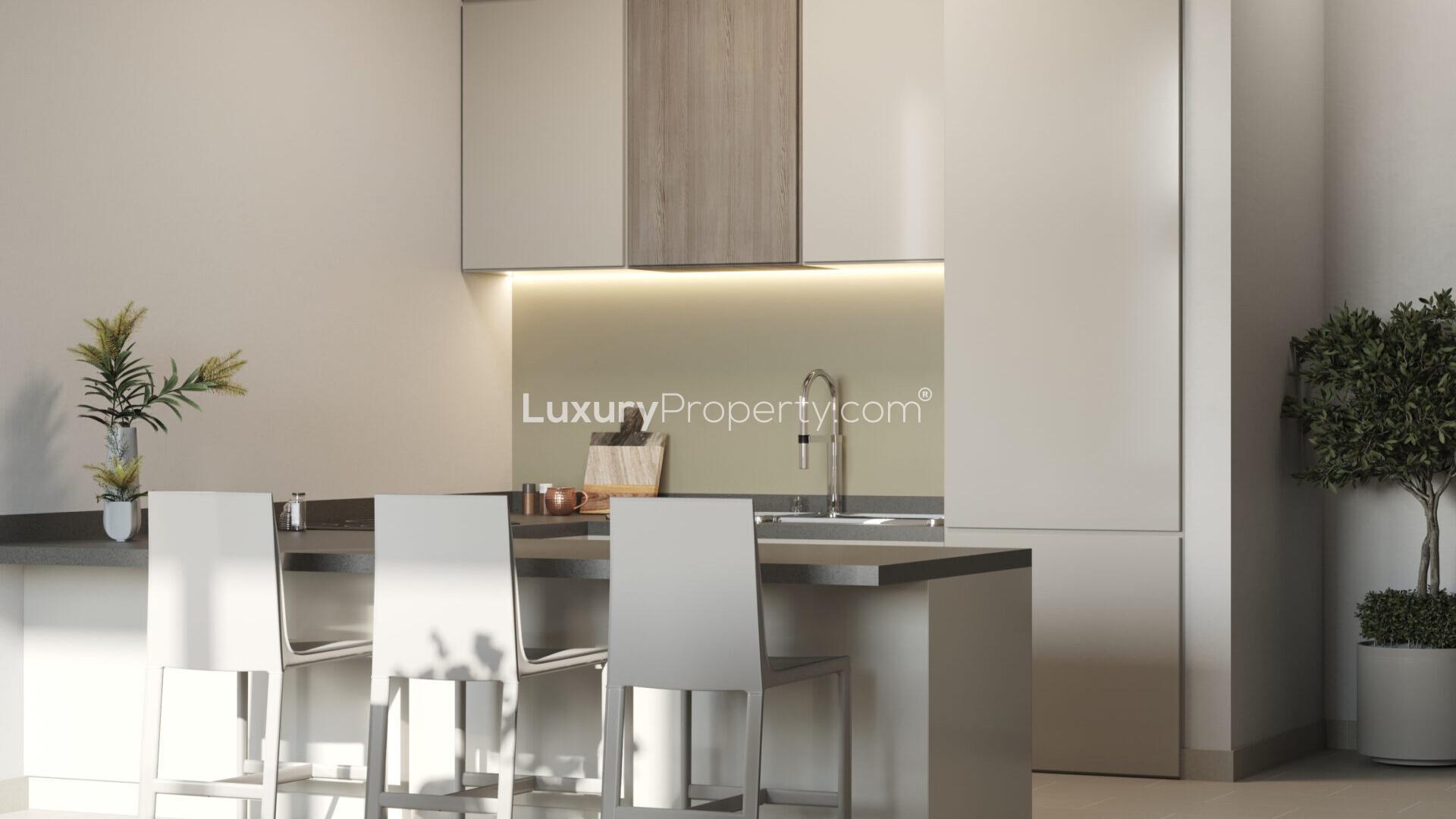 Modern living area in one-bedroom apartment, Sobha Hartland, Mohammed Bin Rashid City, for sale