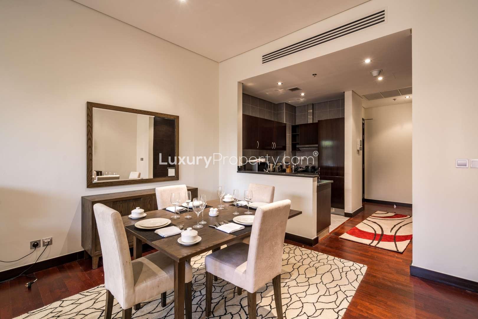 Cozy balcony with hanging chair and sea view at Anantara Residences, Palm Jumeirah apartment