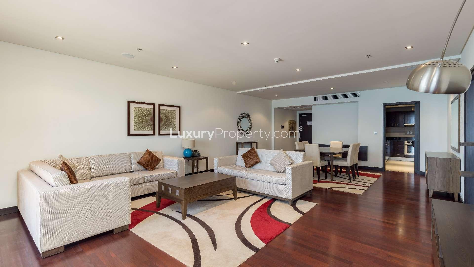 Luxurious living room in Palm Jumeirah apartment with ocean view, Anantara Residences