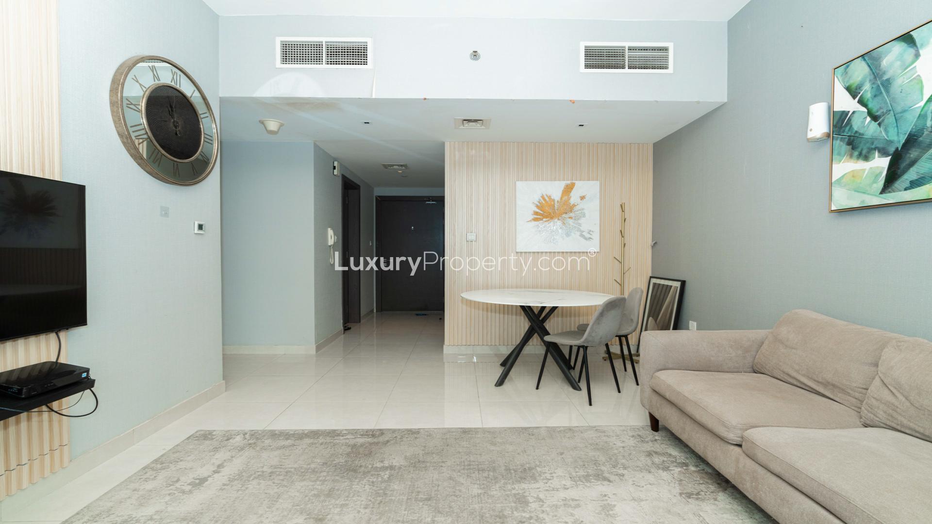 Modern furnished living room in one-bedroom apartment, AG Tower, Business Bay for sale