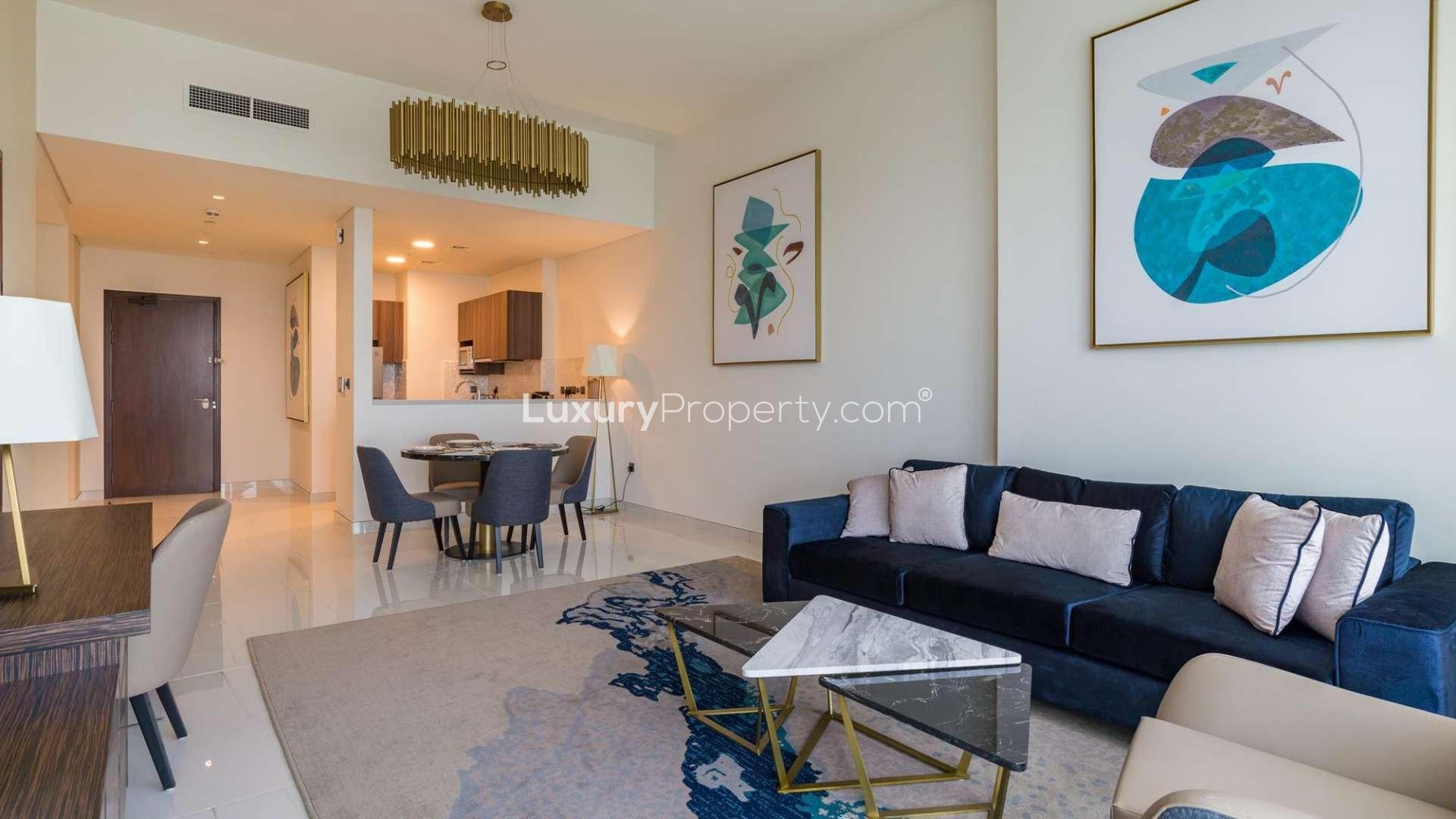 Fully furnished 1F apartment living area with city view in Avani Palm View, Dubai