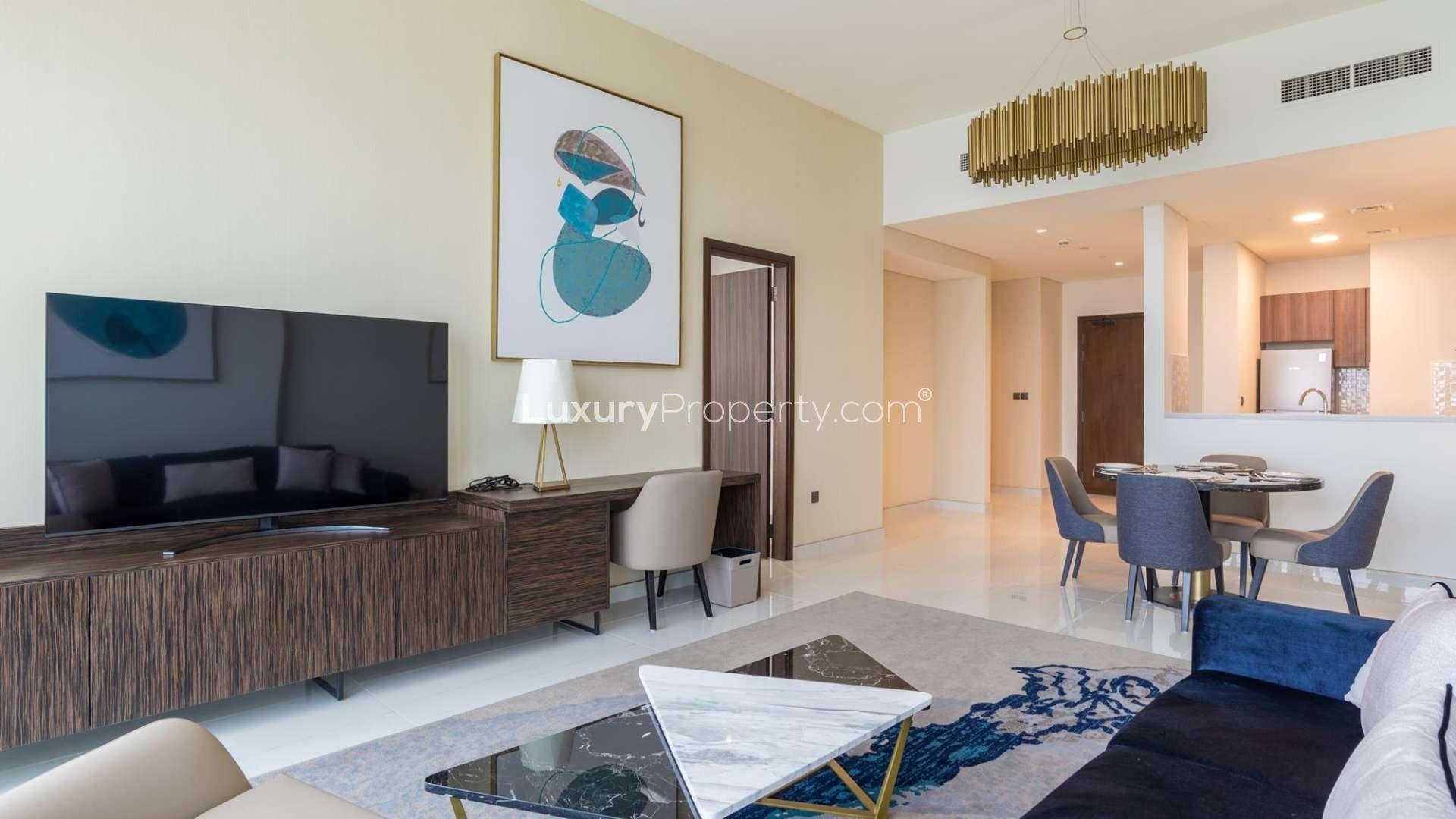 High-floor apartment living area in Avani Palm View, Dubai Media City, modern decor