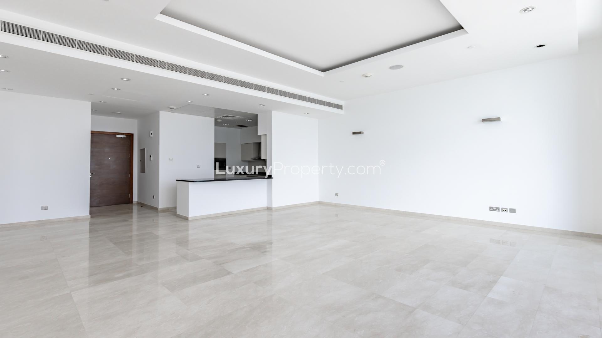 Balcony view from luxury apartment in Oceana Pacific, Palm Jumeirah, overlooking marina skyline