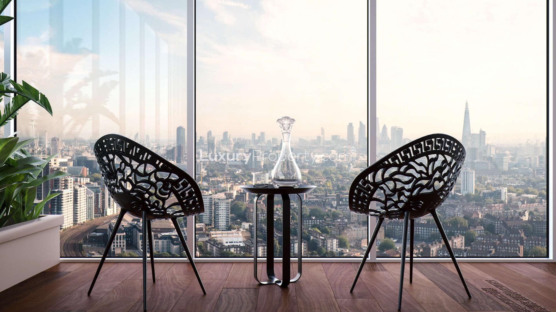 Modern living room with city skyline view in Aykon Nine Elms, London apartment